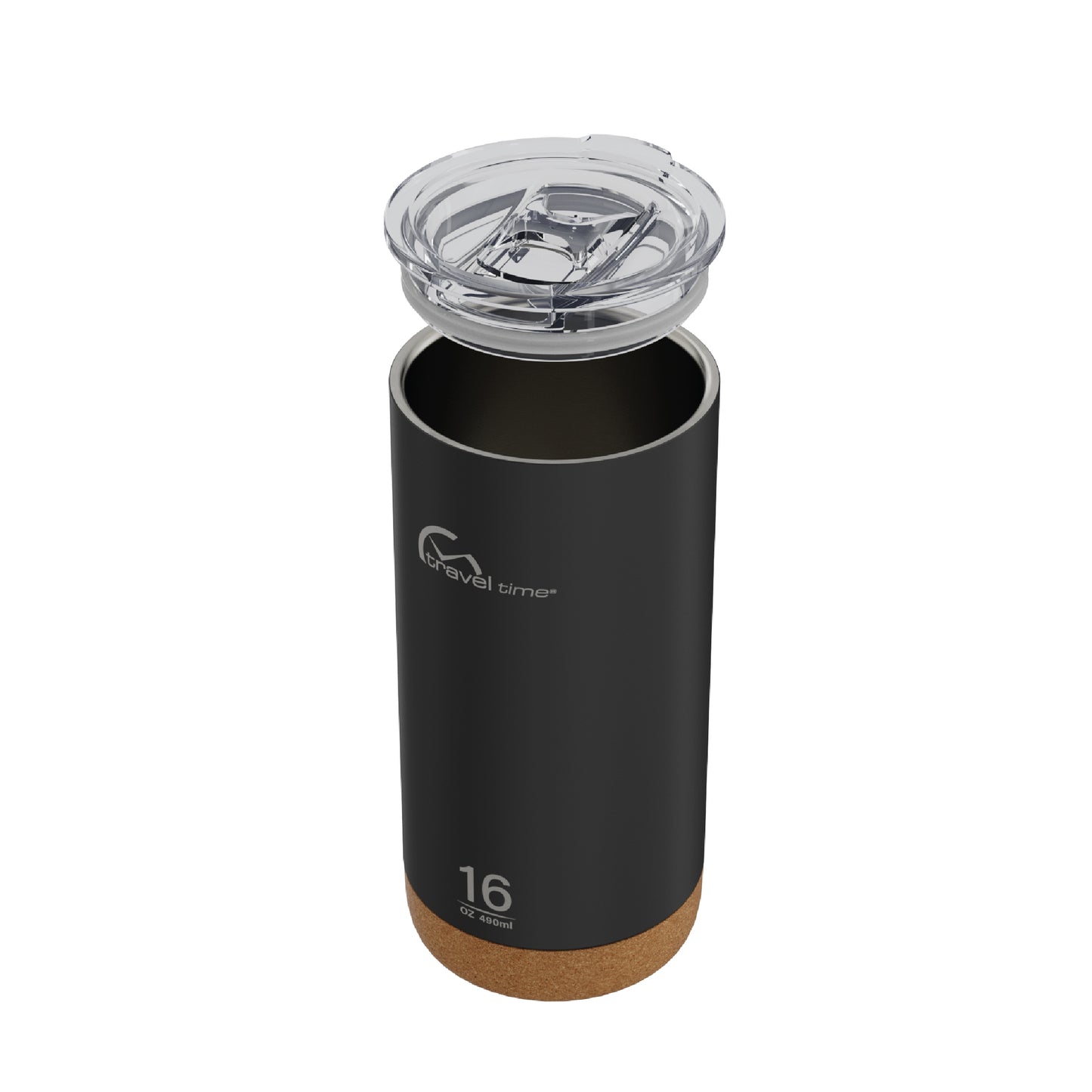 Side view of the 16oz Stainless Steel Travel Tumbler with Cork Bottom in black displayed at an angle and against a white background. The water bottle's lid has been lifted off.