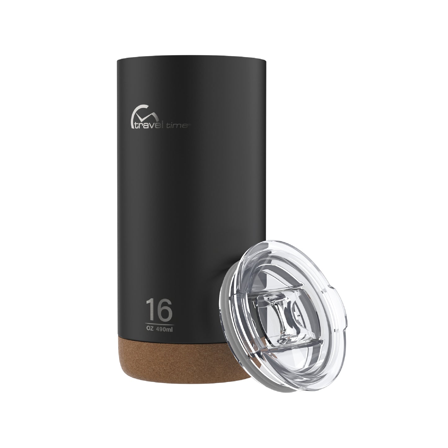 Side view of the 16oz Stainless Steel Travel Tumbler with Cork Bottom in black displayed at an angle and against a white background. The tumbler's lid is resting against the tumbler's side at an angle.