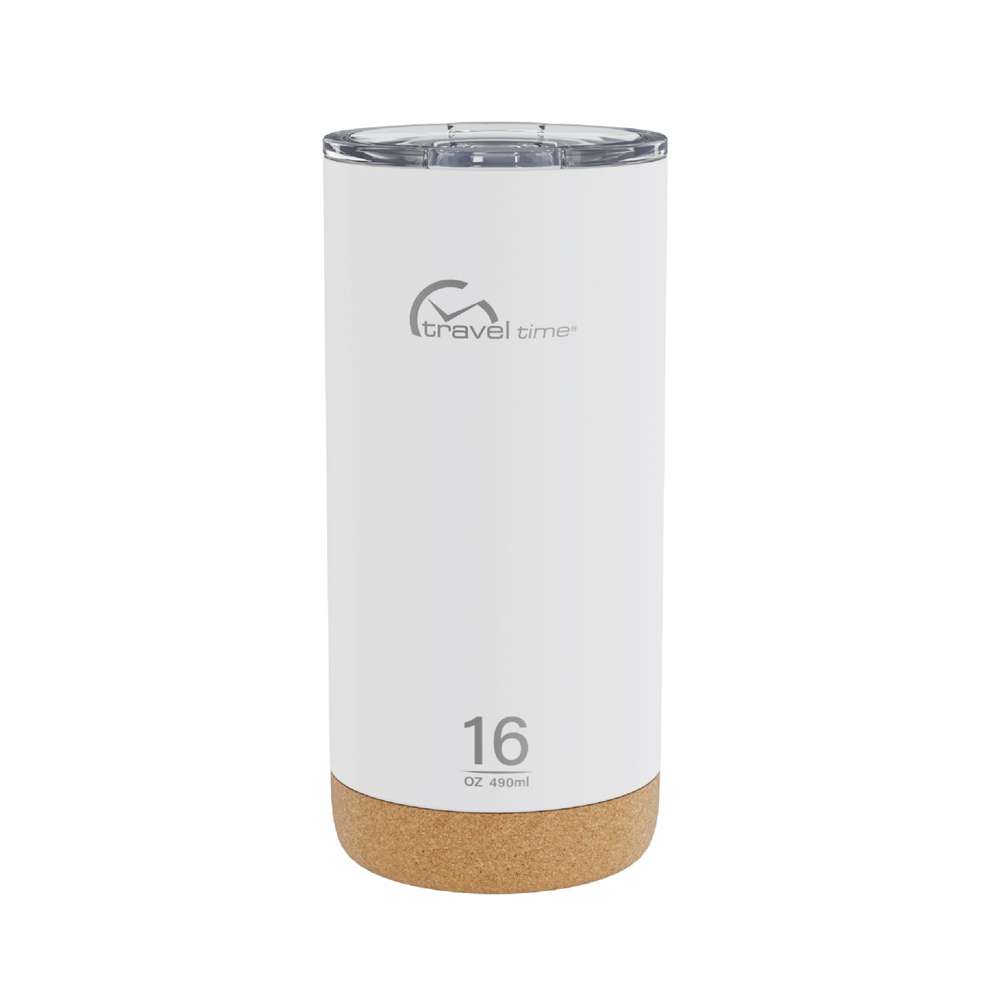 The 16oz Stainless Steel Travel Tumbler with Cork Bottom in white displayed against a white background.