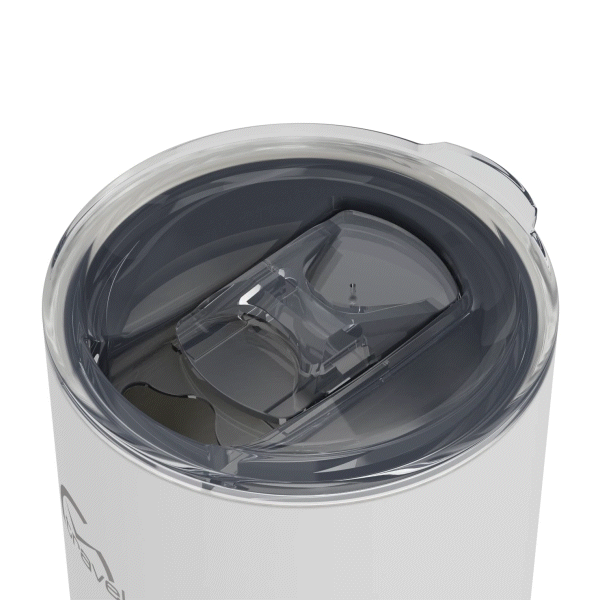 The 16oz Stainless Steel Travel Tumbler with Cork Bottom with its clear lid opening sliding open, followed by the entire lid lifting off, too showcase how the component can be removed. This gif is displayed against a white background.