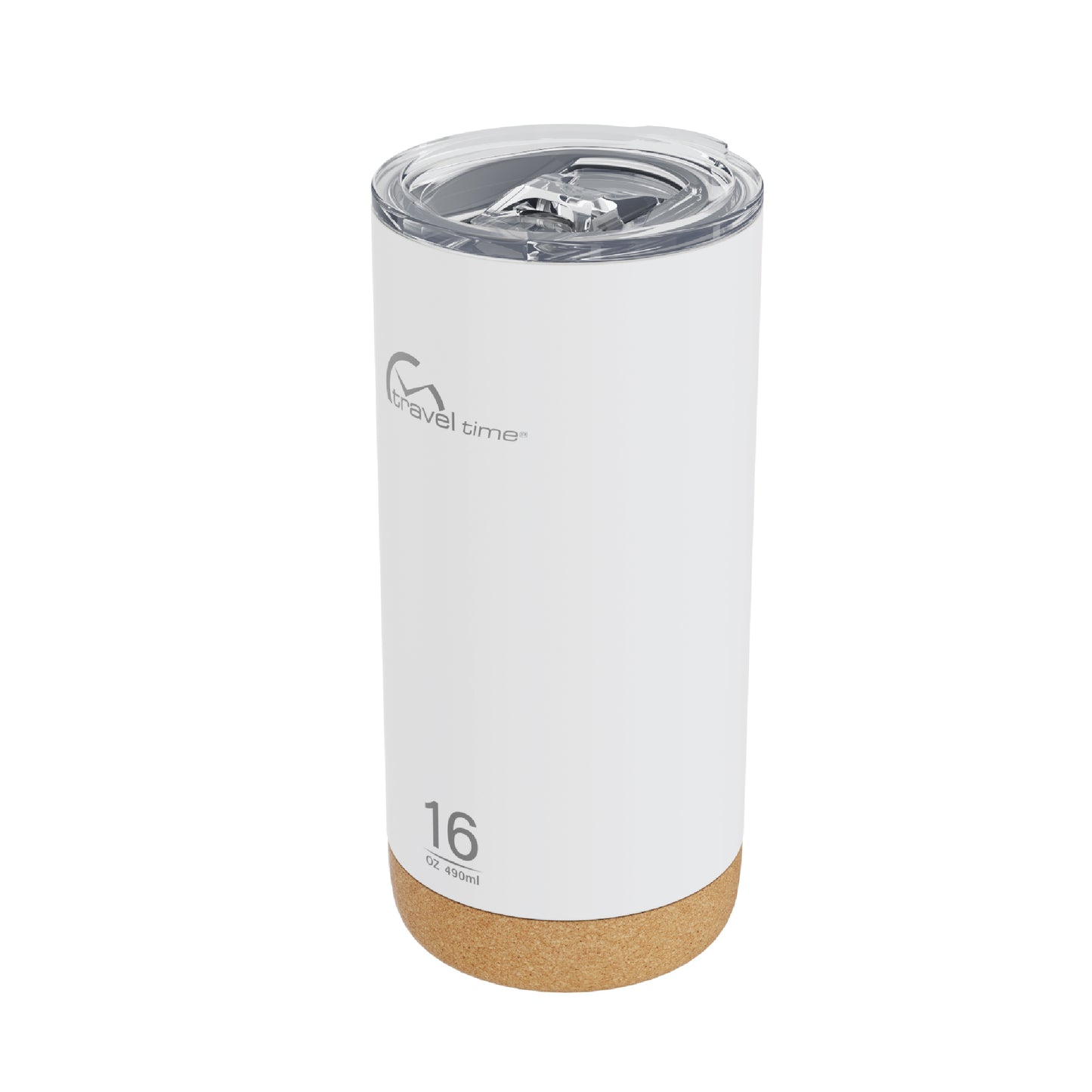Side view of the 160z Stainless Steel Travel Tumbler with Cork Bottom in white displayed at an angle and against a white background.