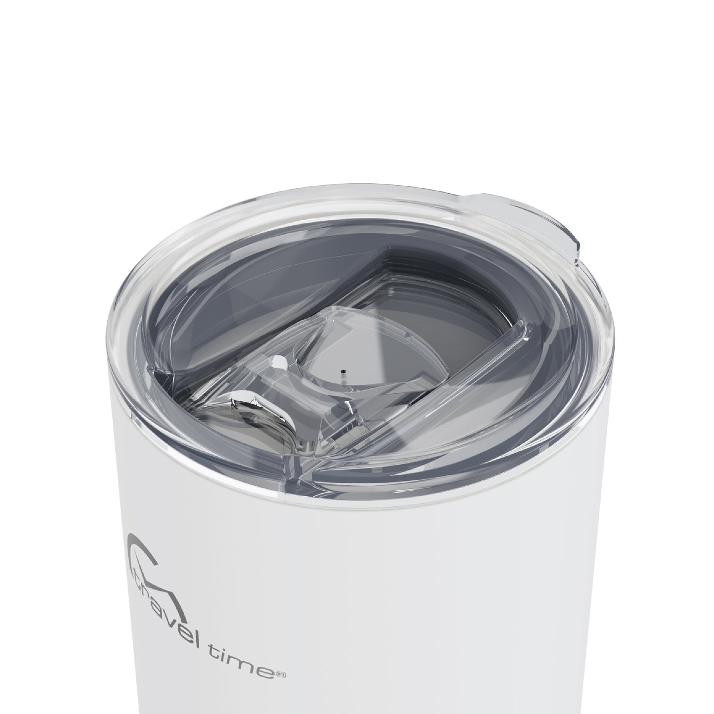 Close-up of the closed lid opening of the 16oz Stainless Steel Travel Tumbler with Cork Bottom in white displayed against a white background.