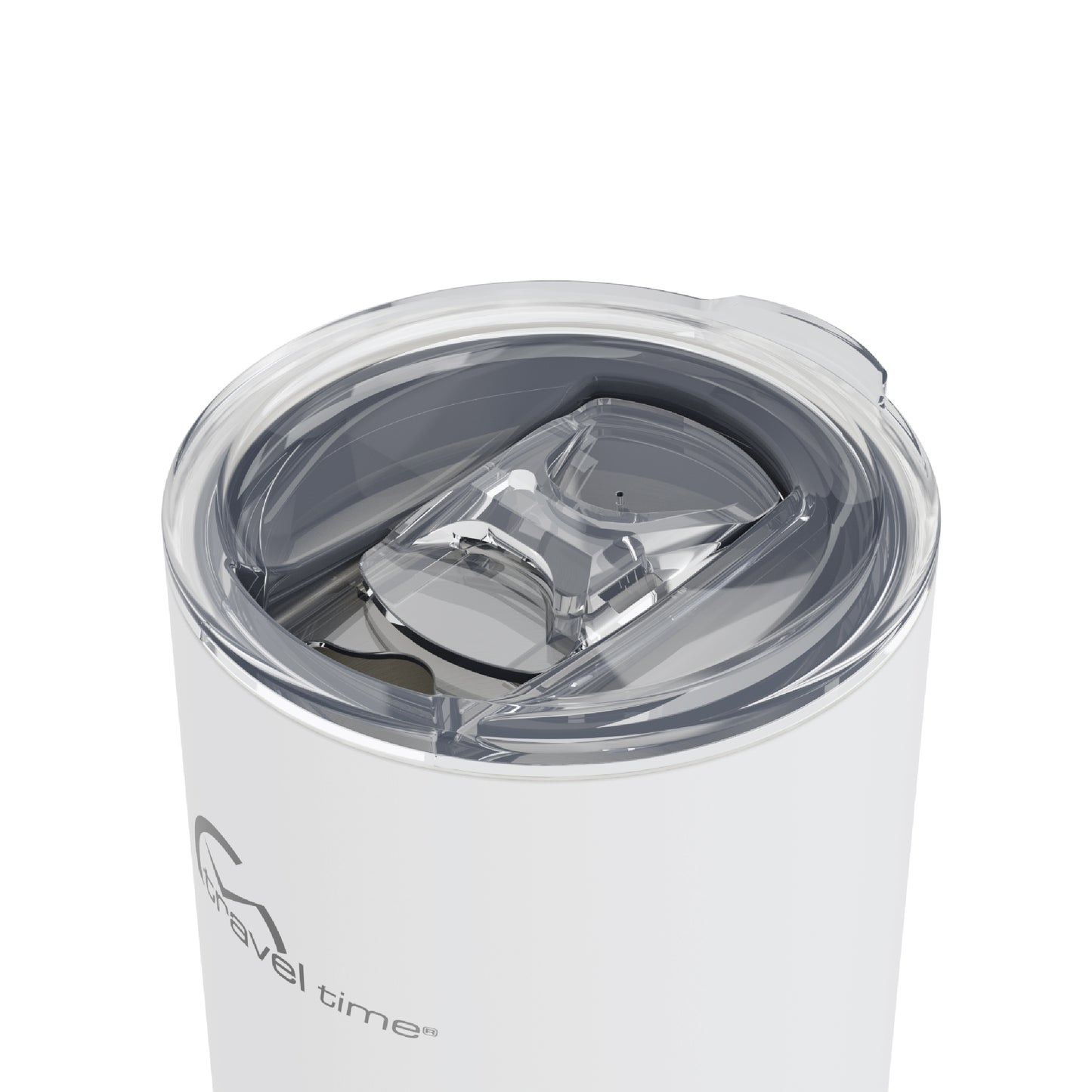 Close-up of the opened lid opening of the 16oz Stainless Steel Travel Tumbler with Cork Bottom in white displayed against a white background.