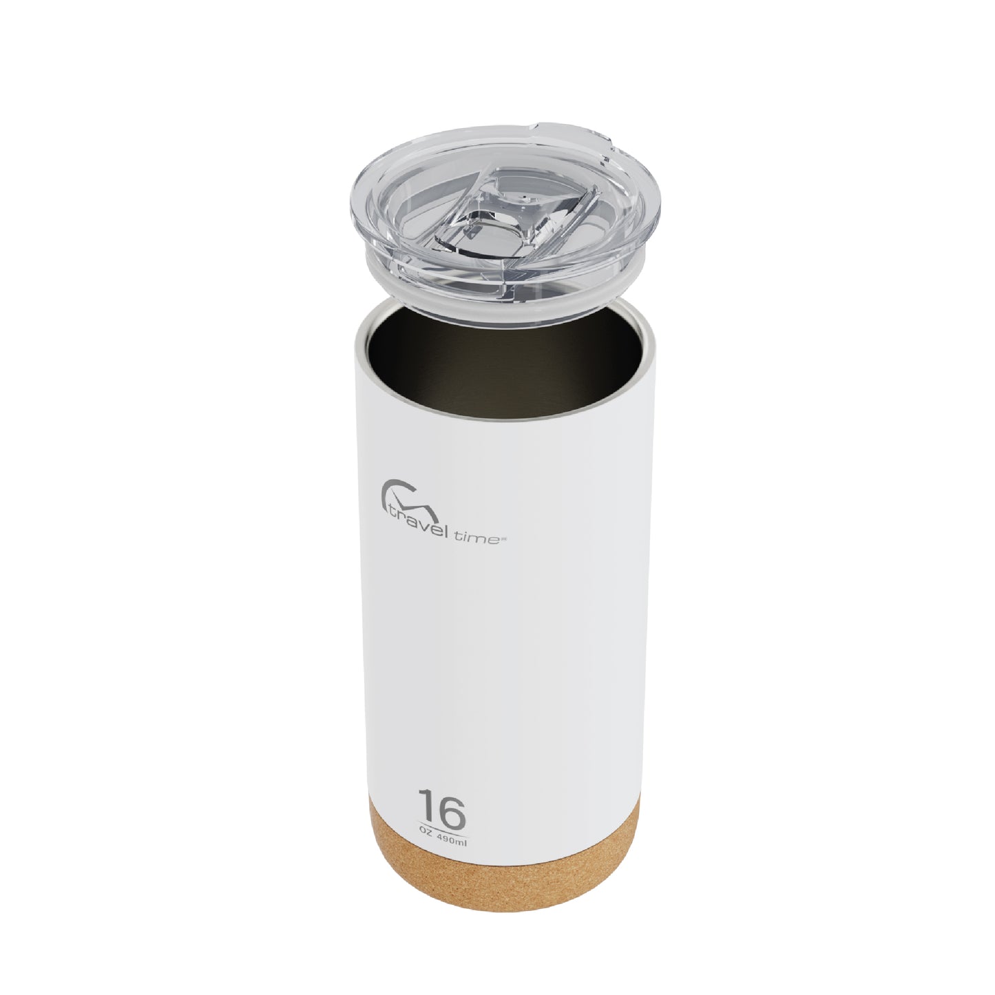 Side view of the 16oz Stainless Steel Travel Tumbler with Cork Bottom in white displayed at an angle and against a white background. The water bottle's lid has been lifted off.