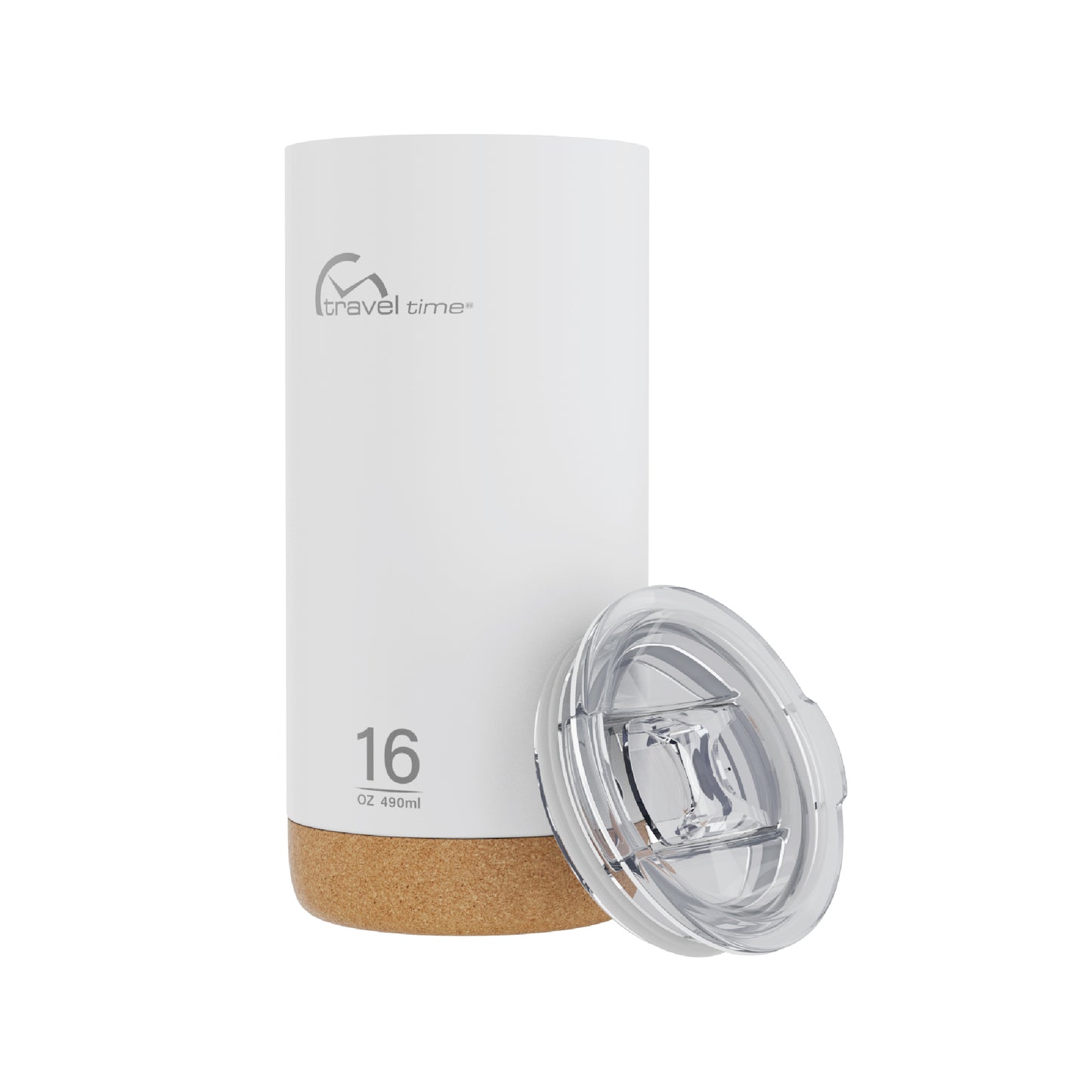 Side view of the 16oz Stainless Steel Travel Tumbler with Cork Bottom in white displayed at an angle and against a white background. The tumbler's lid is resting against the tumbler's side at an angle.