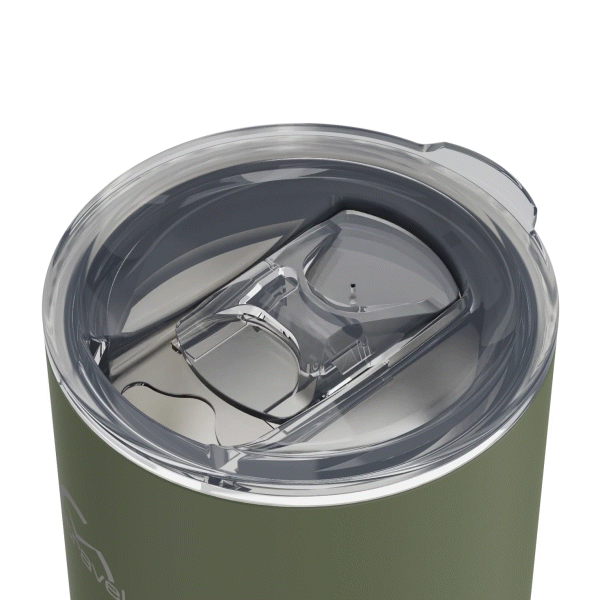 The 16oz Stainless Steel Travel Tumbler with Cork Bottom with its clear lid opening sliding open, followed by the entire lid lifting off, too showcase how the component can be removed. This gif is displayed against a white background.