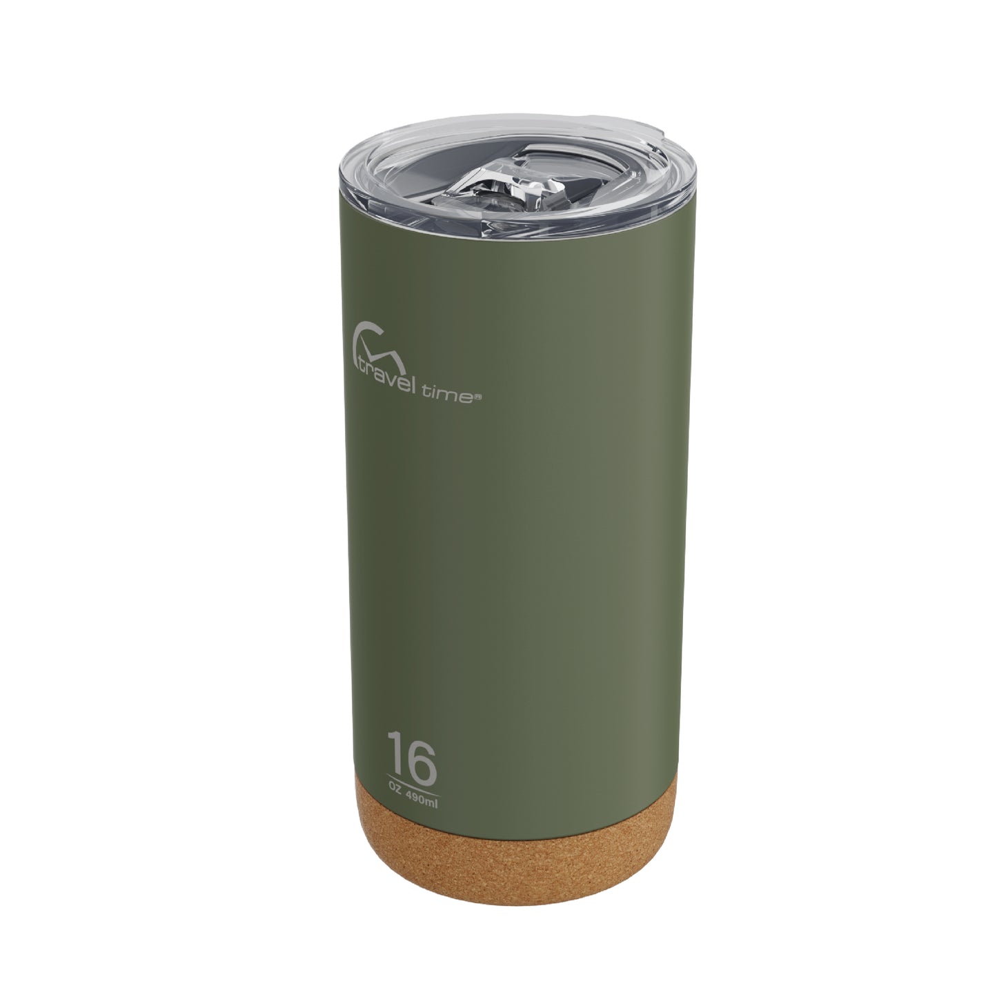 Side view of the 160z Stainless Steel Travel Tumbler with Cork Bottom in forest green displayed at an angle and against a white background.