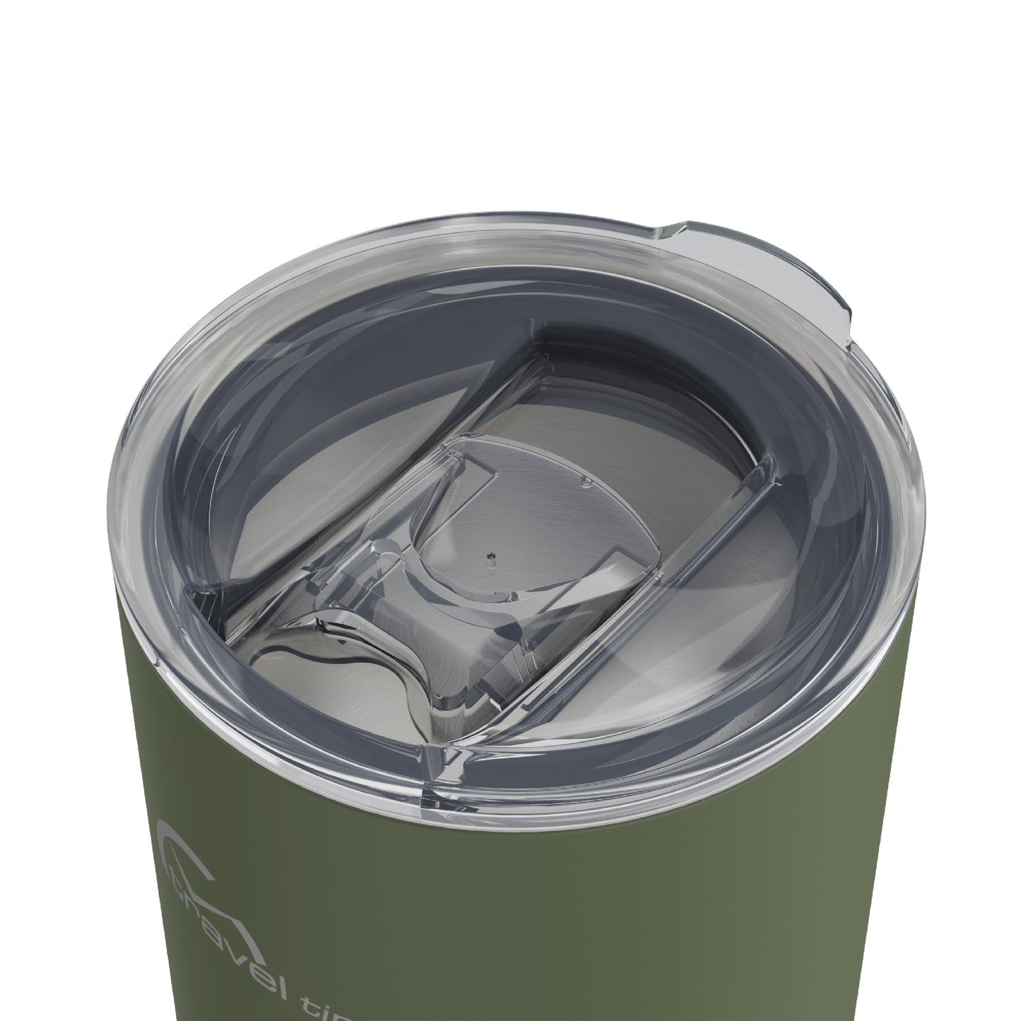 Close-up of the closed lid opening of the 16oz Stainless Steel Travel Tumbler with Cork Bottom in forest green displayed against a white background.