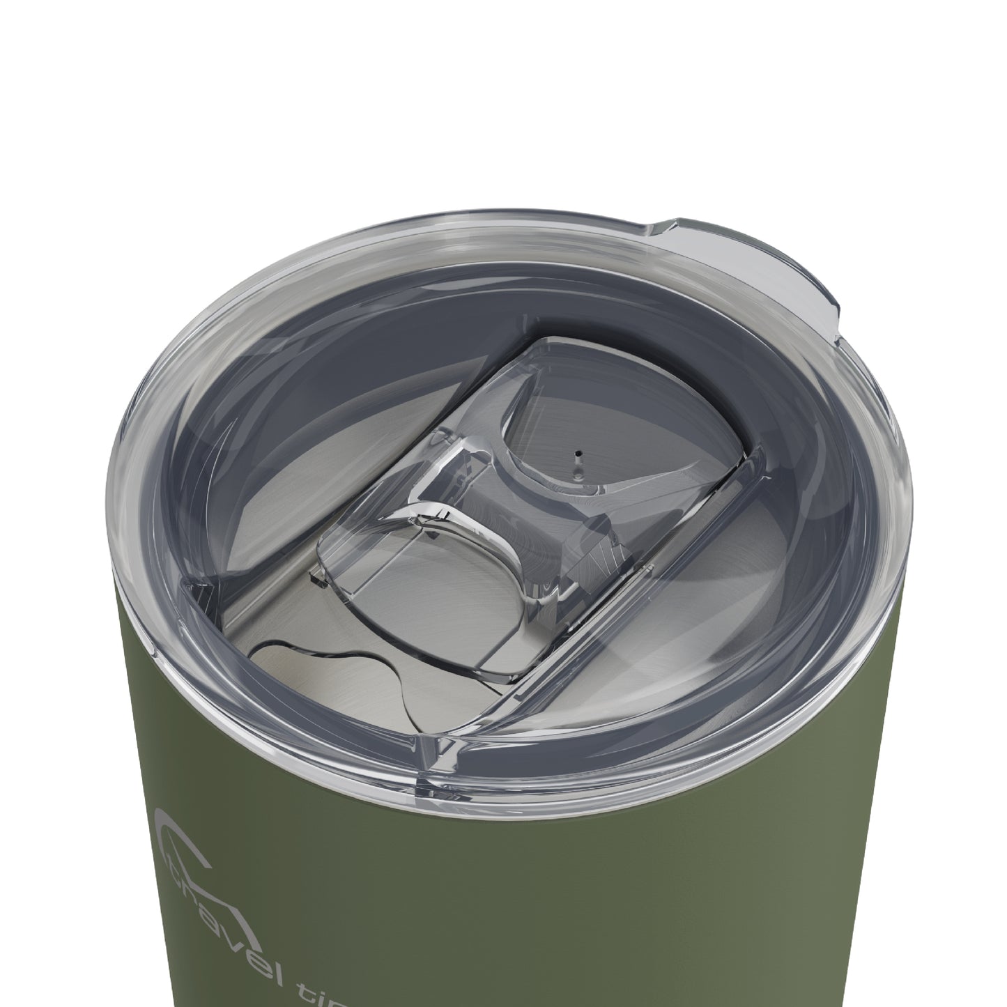 Close-up of the opened lid opening of the 16oz Stainless Steel Travel Tumbler with Cork Bottom in forest green displayed against a white background.