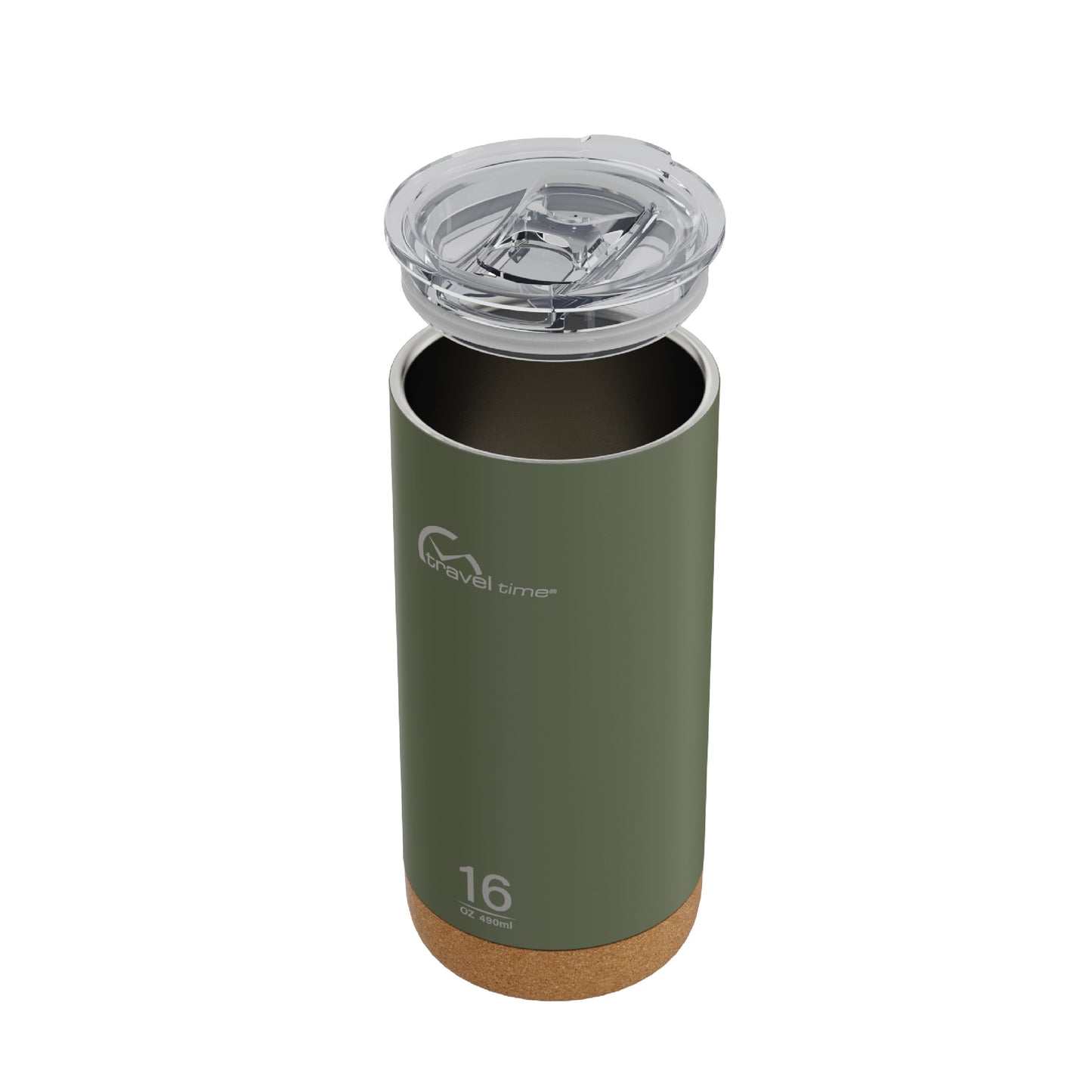 Side view of the 16oz Stainless Steel Travel Tumbler with Cork Bottom in forest green displayed at an angle and against a white background. The water bottle's lid has been lifted off.