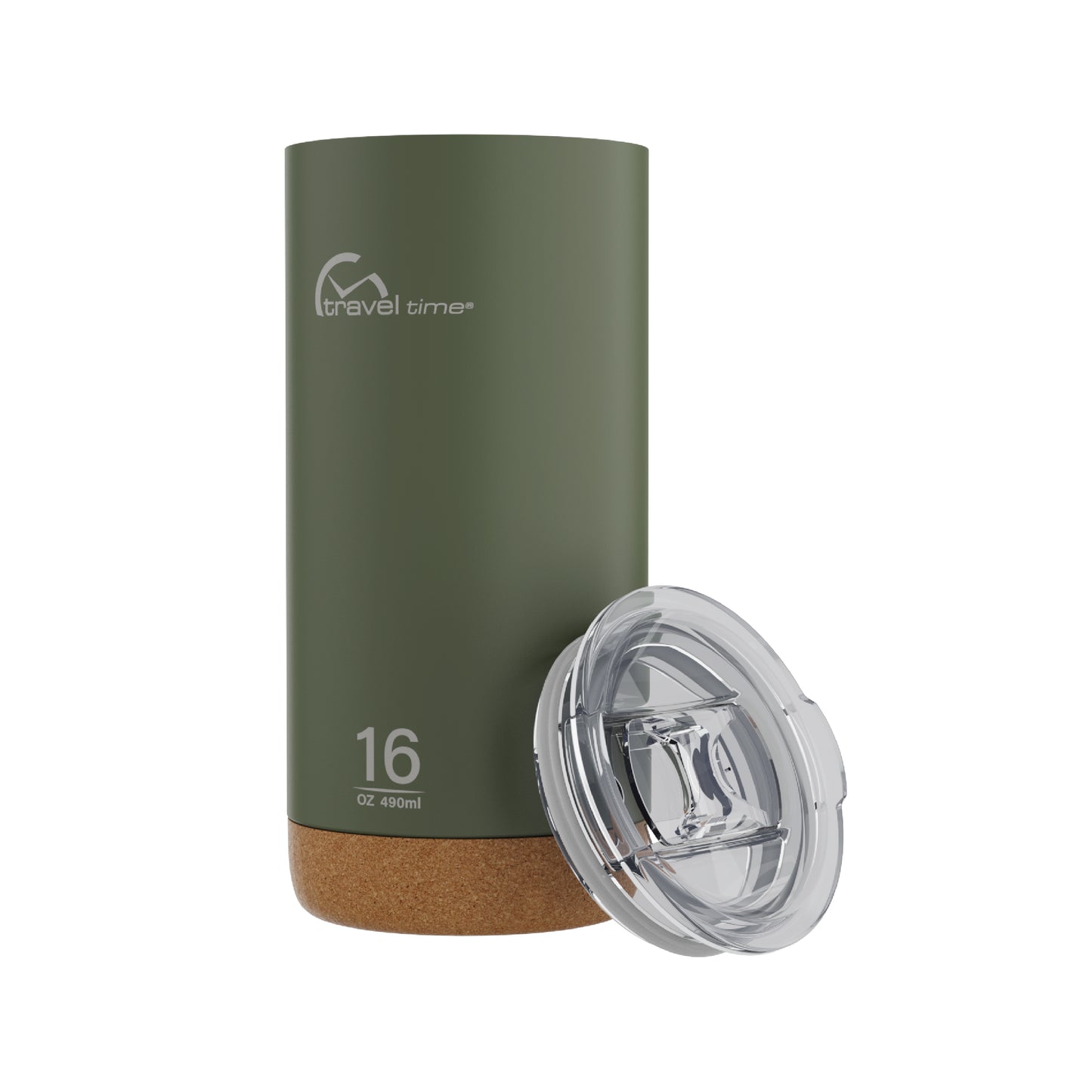 Side view of the 16oz Stainless Steel Travel Tumbler with Cork Bottom in forest green displayed at an angle and against a white background. The tumbler's lid is resting against the tumbler's side at an angle.