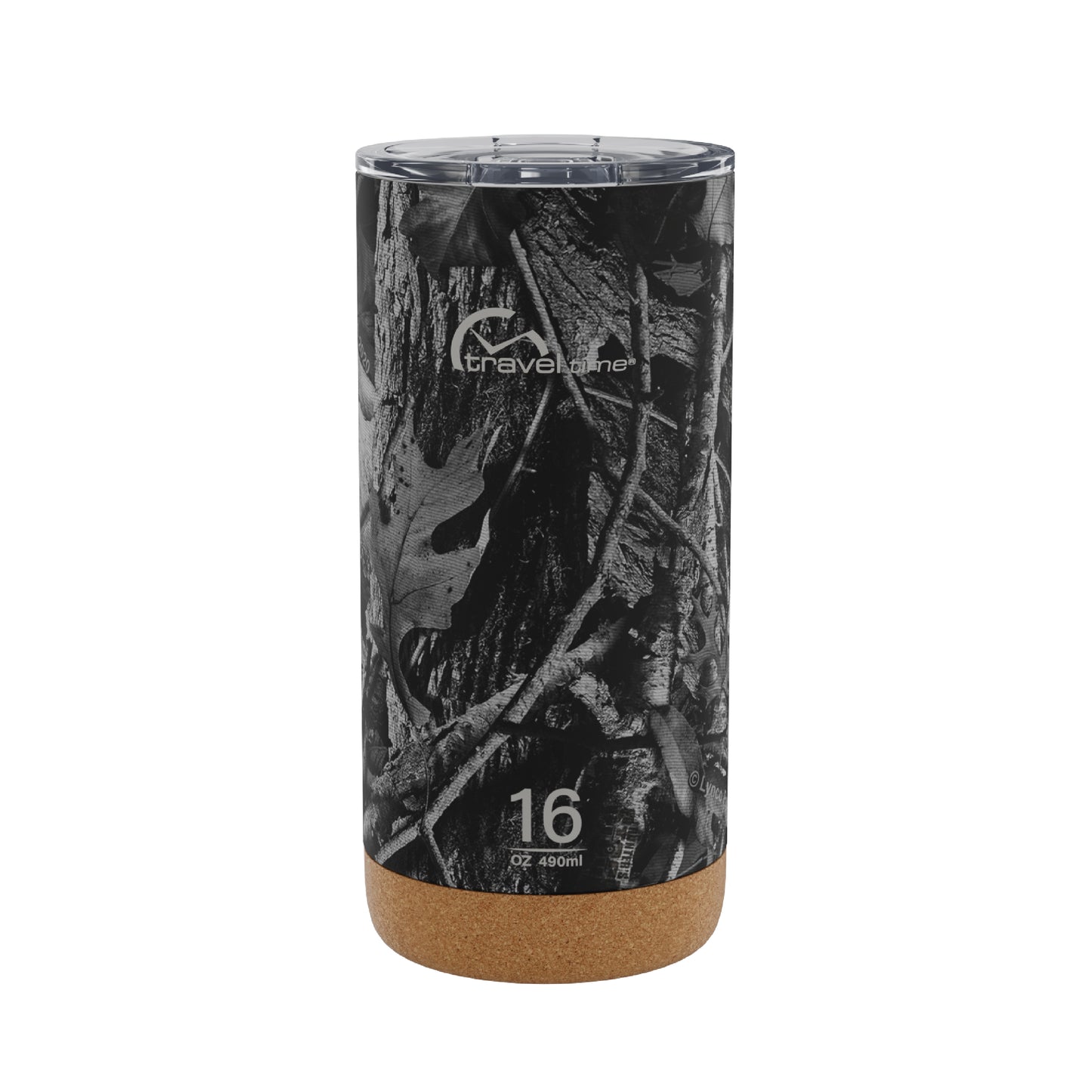 The 16oz Stainless Steel Travel Tumbler with Cork Bottom in Hunter's Stock Moonshot® Camo displayed against a white background.