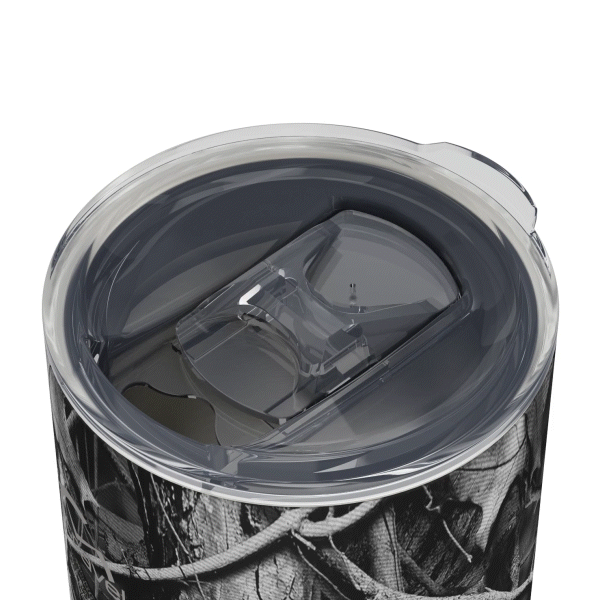 The 16oz Stainless Steel Travel Tumbler with Cork Bottom with its clear lid opening sliding open, followed by the entire lid lifting off, too showcase how the component can be removed. This gif is displayed against a white background.