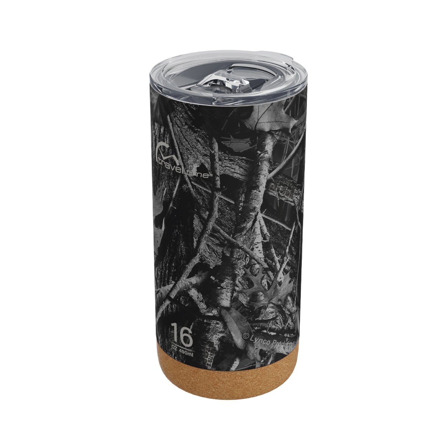 Close-up of the closed lid opening of the 16oz Stainless Steel Travel Tumbler with Cork Bottom in Hunter's Stock Moonshot® Camo displayed against a white background.