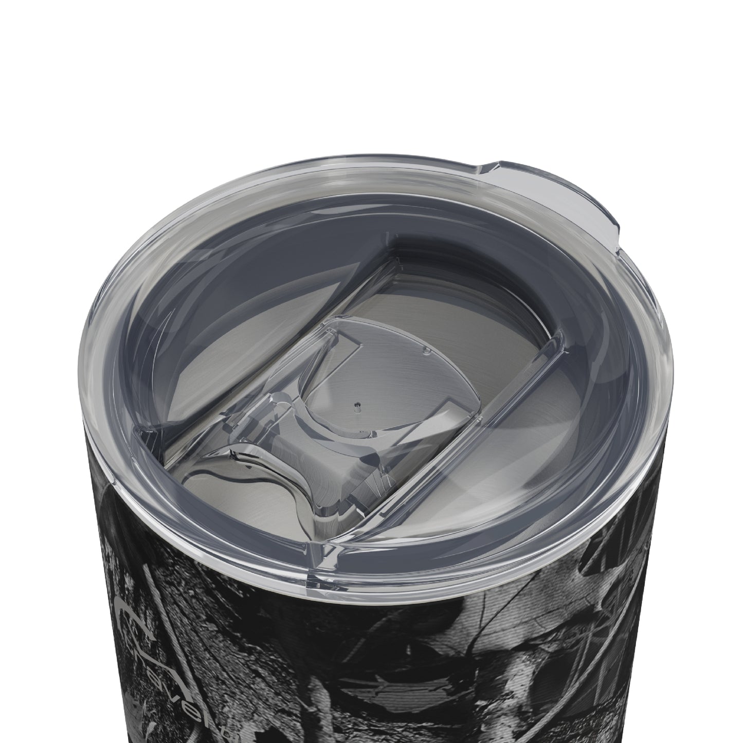 Close-up of the closed lid opening of the 16oz Stainless Steel Travel Tumbler with Cork Bottom in Hunter's Stock Moonshot® Camo displayed against a white background.