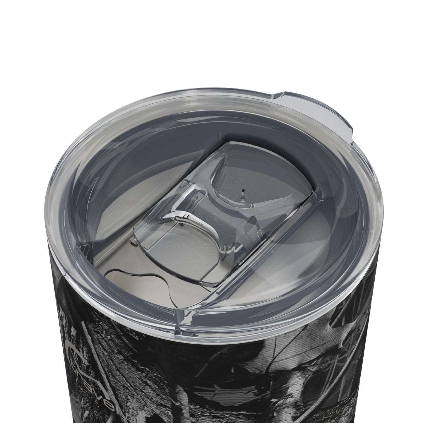 Close-up of the opened lid opening of the 16oz Stainless Steel Travel Tumbler with Cork Bottom in Hunter's Stock Moonshot® Camo displayed against a white background.