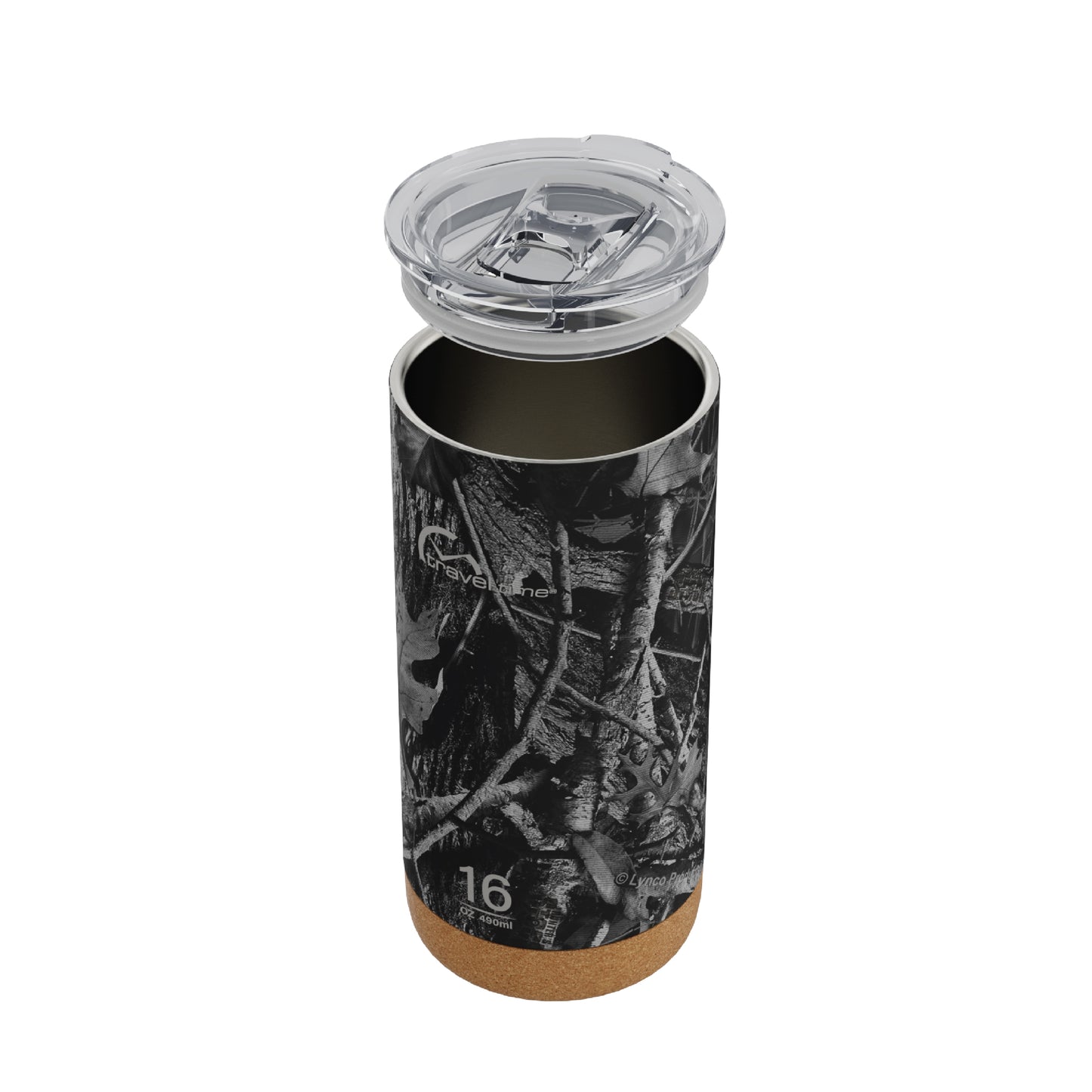 Side view of the 16oz Stainless Steel Travel Tumbler with Cork Bottom in Hunter's Stock Moonshot® Camo displayed at an angle and against a white background. The water bottle's lid has been lifted off.