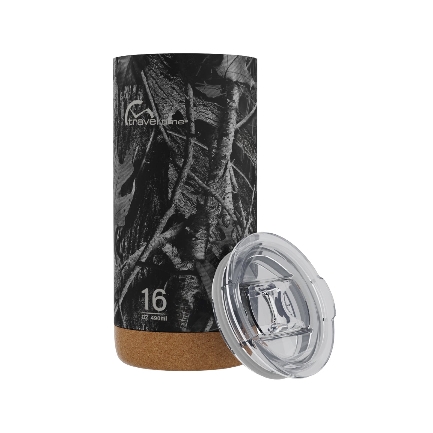 Side view of the 16oz Stainless Steel Travel Tumbler with Cork Bottom in Hunter's Stock Moonshot® Camo displayed at an angle and against a white background. The tumbler's lid is resting against the tumbler's side at an angle.