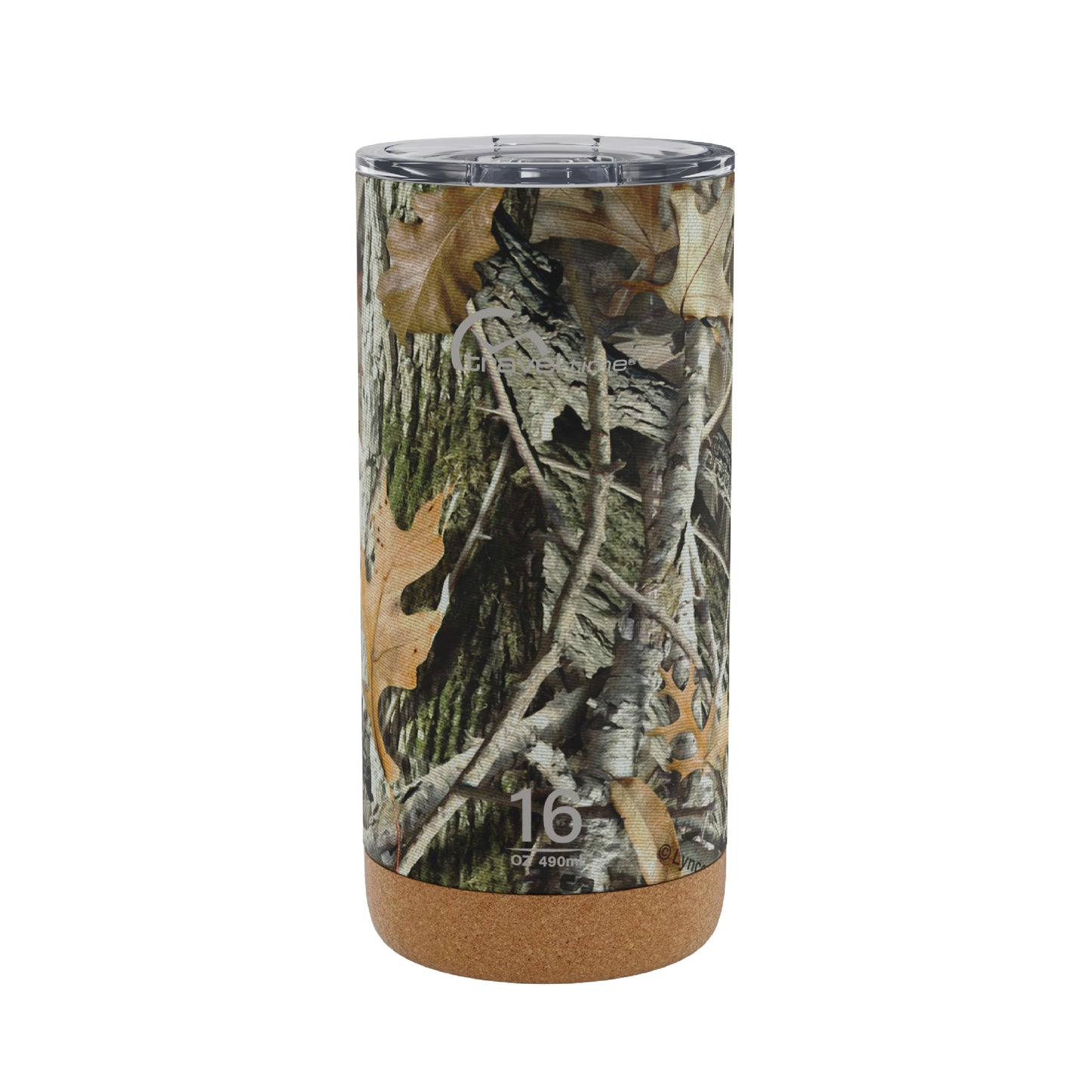 The 16oz Stainless Steel Travel Tumbler with Cork Bottom in Hunter's Stock Oneshot® Camo displayed against a white background.