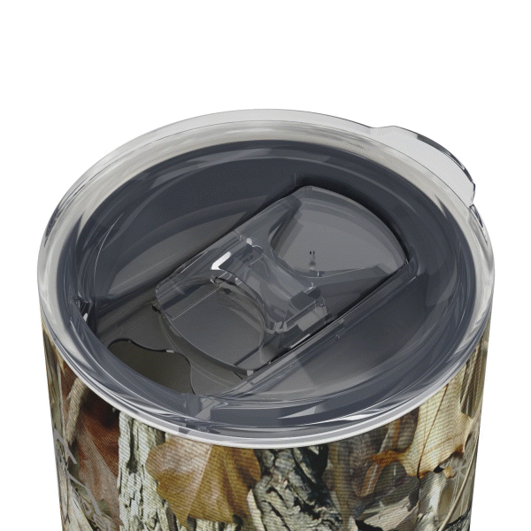 The 16oz Stainless Steel Travel Tumbler with Cork Bottom with its clear lid opening sliding open, followed by the entire lid lifting off, too showcase how the component can be removed. This gif is displayed against a white background.