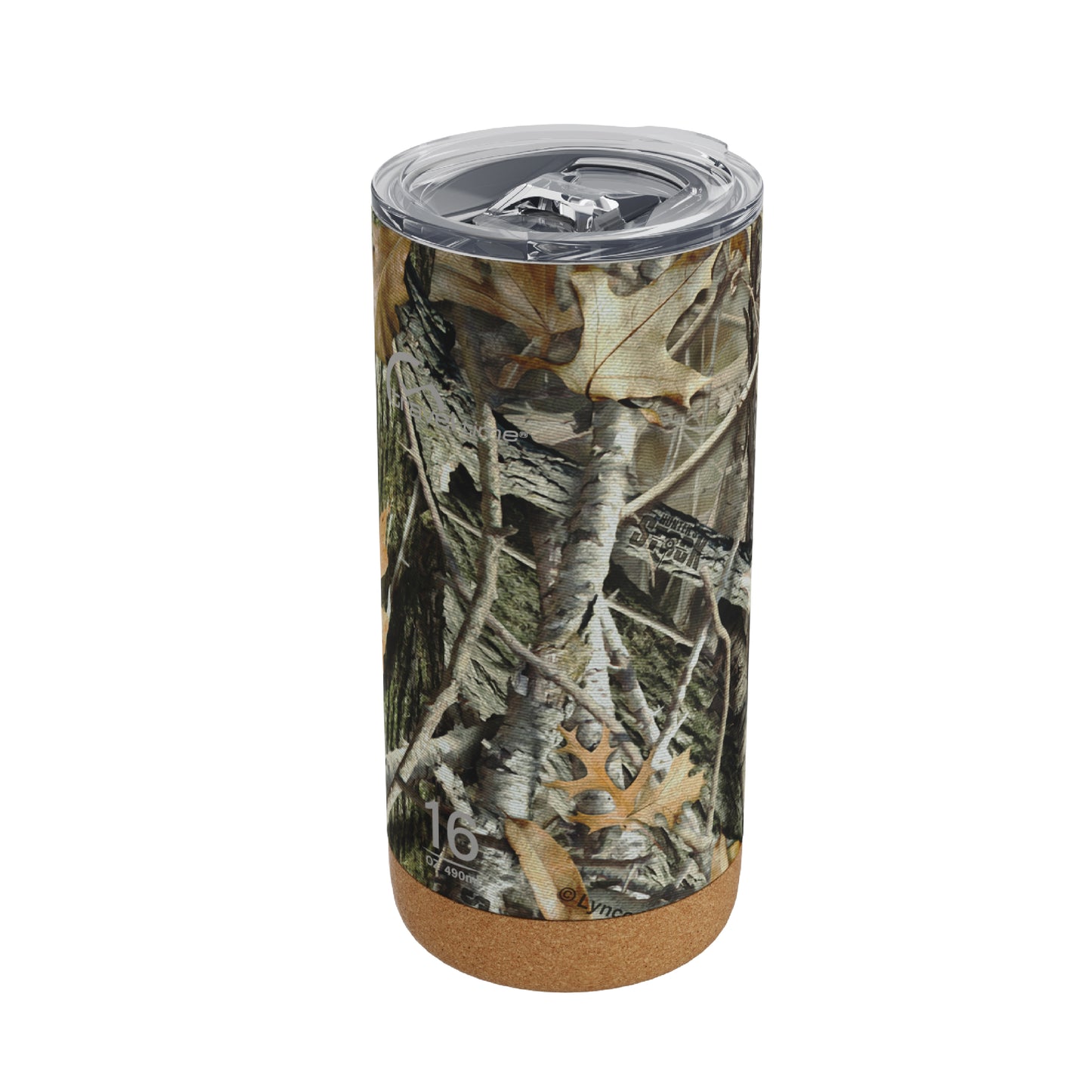 Close-up of the closed lid opening of the 16oz Stainless Steel Travel Tumbler with Cork Bottom in Hunter's Stock Oneshot® Camo displayed against a white background.