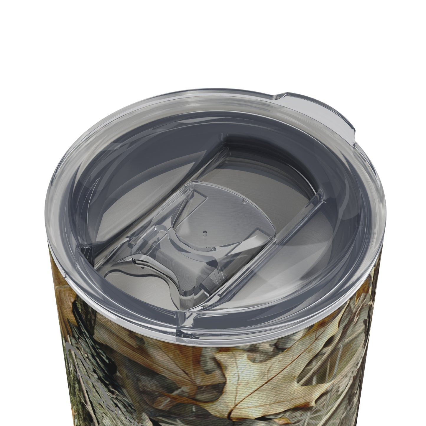 Close-up of the closed lid opening of the 16oz Stainless Steel Travel Tumbler with Cork Bottom in Hunter's Stock Oneshot® Camo displayed against a white background.