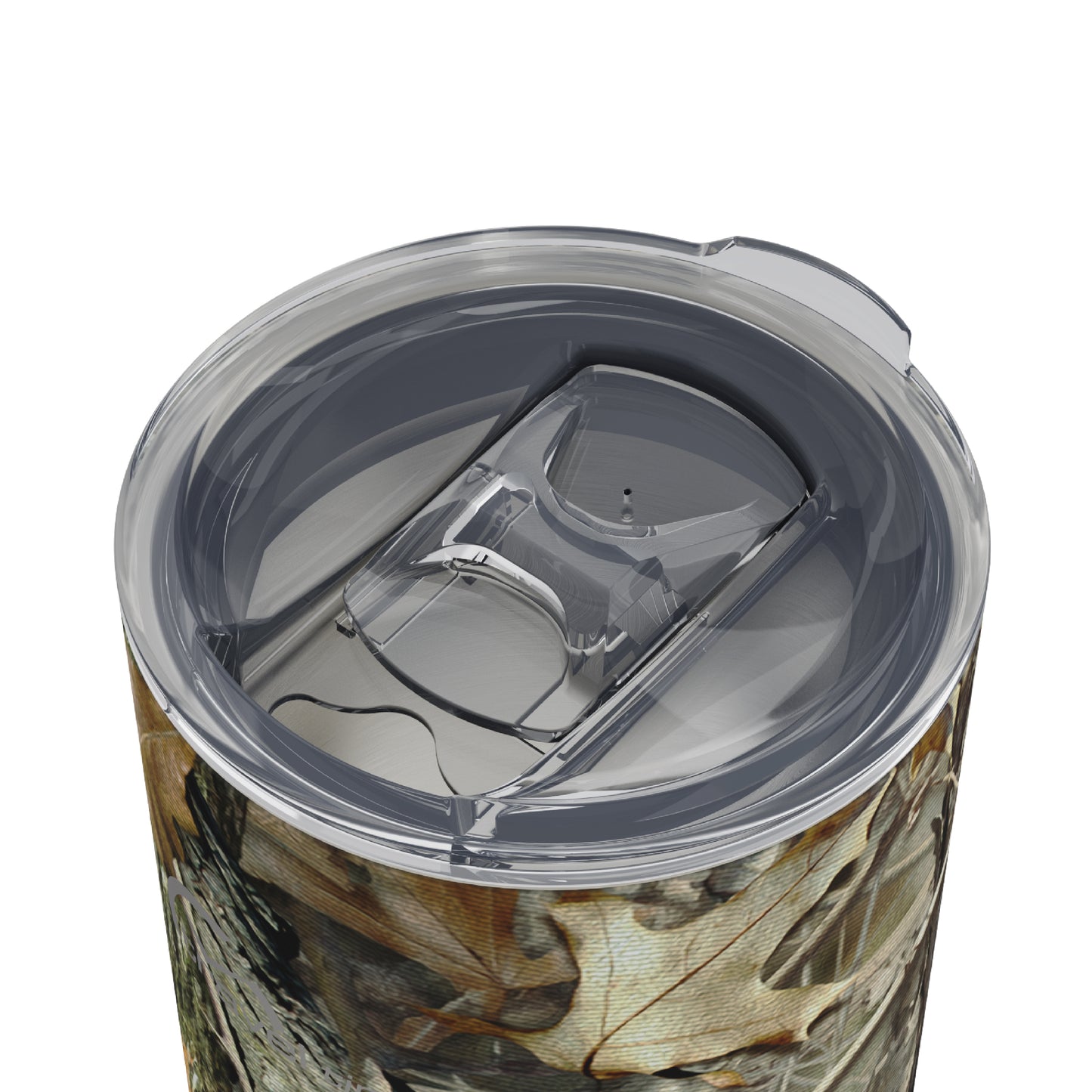 Close-up of the opened lid opening of the 16oz Stainless Steel Travel Tumbler with Cork Bottom in Hunter's Stock Oneshot® Camo displayed against a white background.