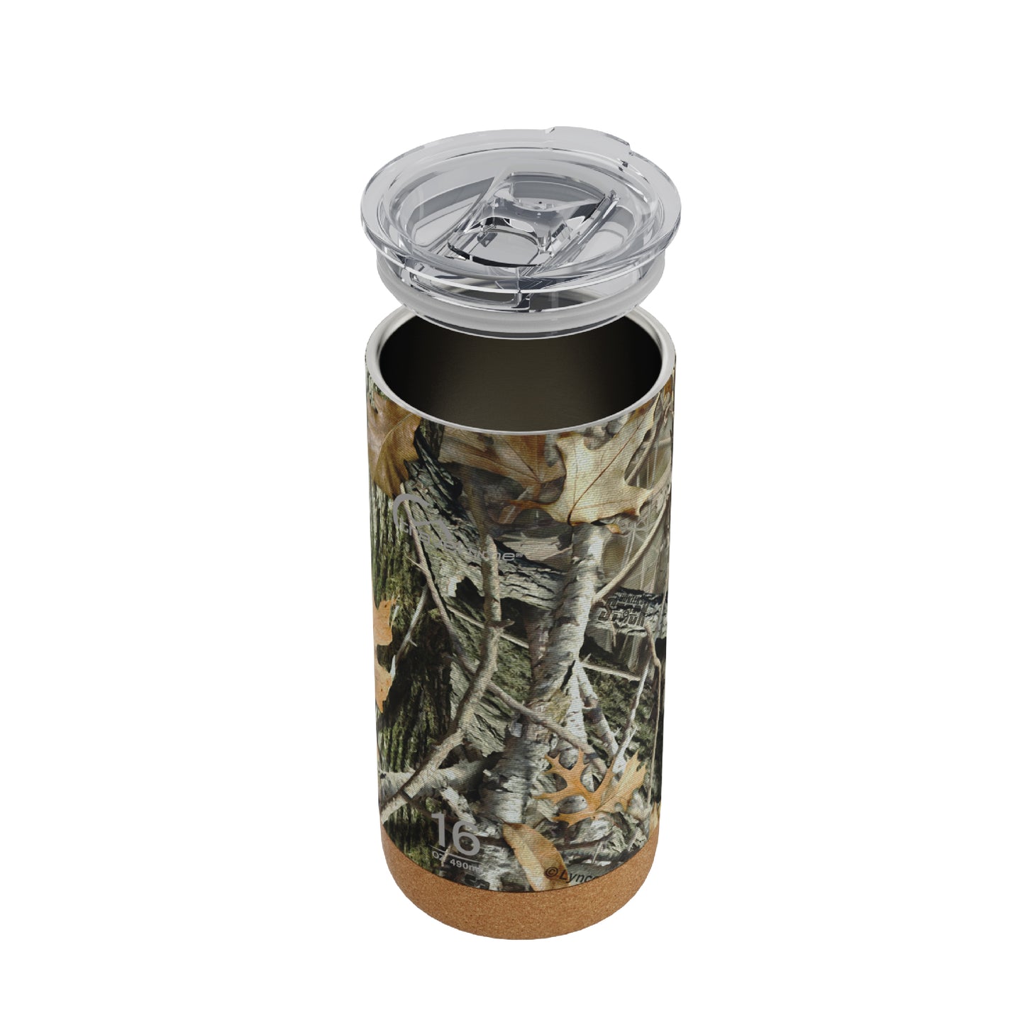 Side view of the 16oz Stainless Steel Travel Tumbler with Cork Bottom in Hunter's Stock Oneshot® Camo displayed at an angle and against a white background. The water bottle's lid has been lifted off.