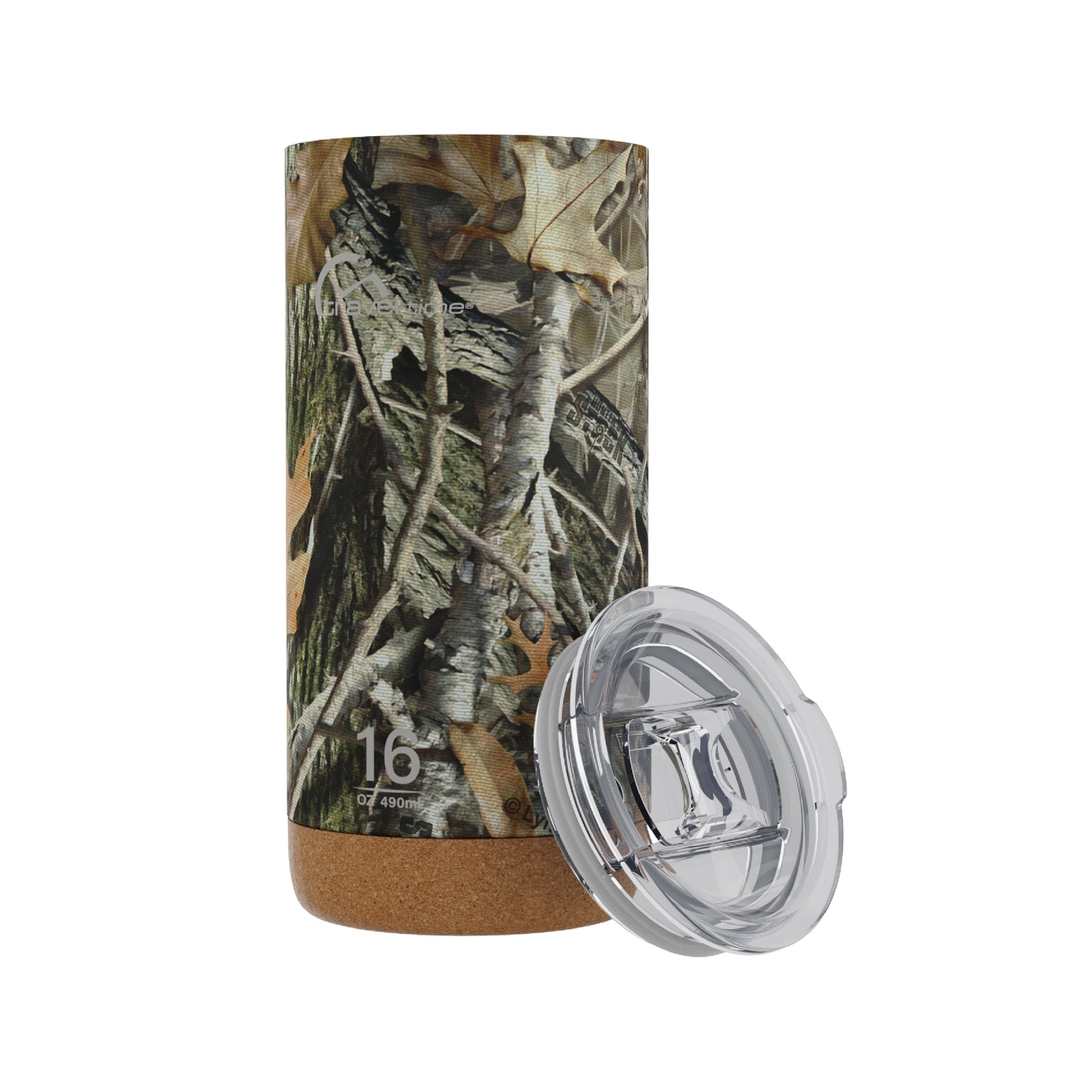 Side view of the 16oz Stainless Steel Travel Tumbler with Cork Bottom in Hunter's Stock Oneshot® Camo displayed at an angle and against a white background. The tumbler's lid is resting against the tumbler's side at an angle.