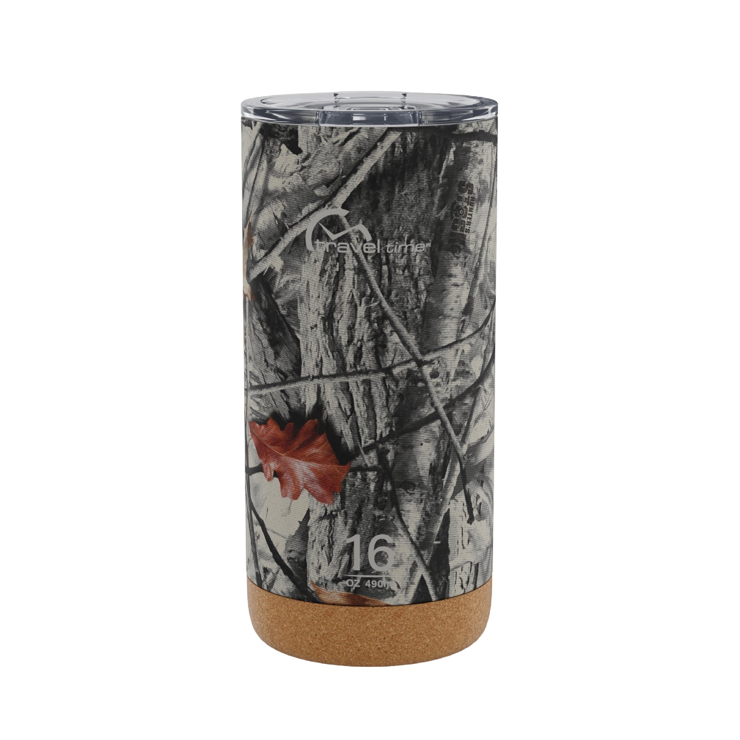 The 16oz Stainless Steel Travel Tumbler with Cork Bottom in Hunter's Stock Artic® Camo displayed against a white background.