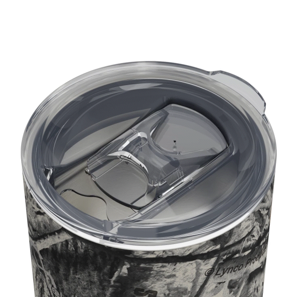 The 16oz Stainless Steel Travel Tumbler with Cork Bottom with its clear lid opening sliding open, followed by the entire lid lifting off, too showcase how the component can be removed. This gif is displayed against a white background.