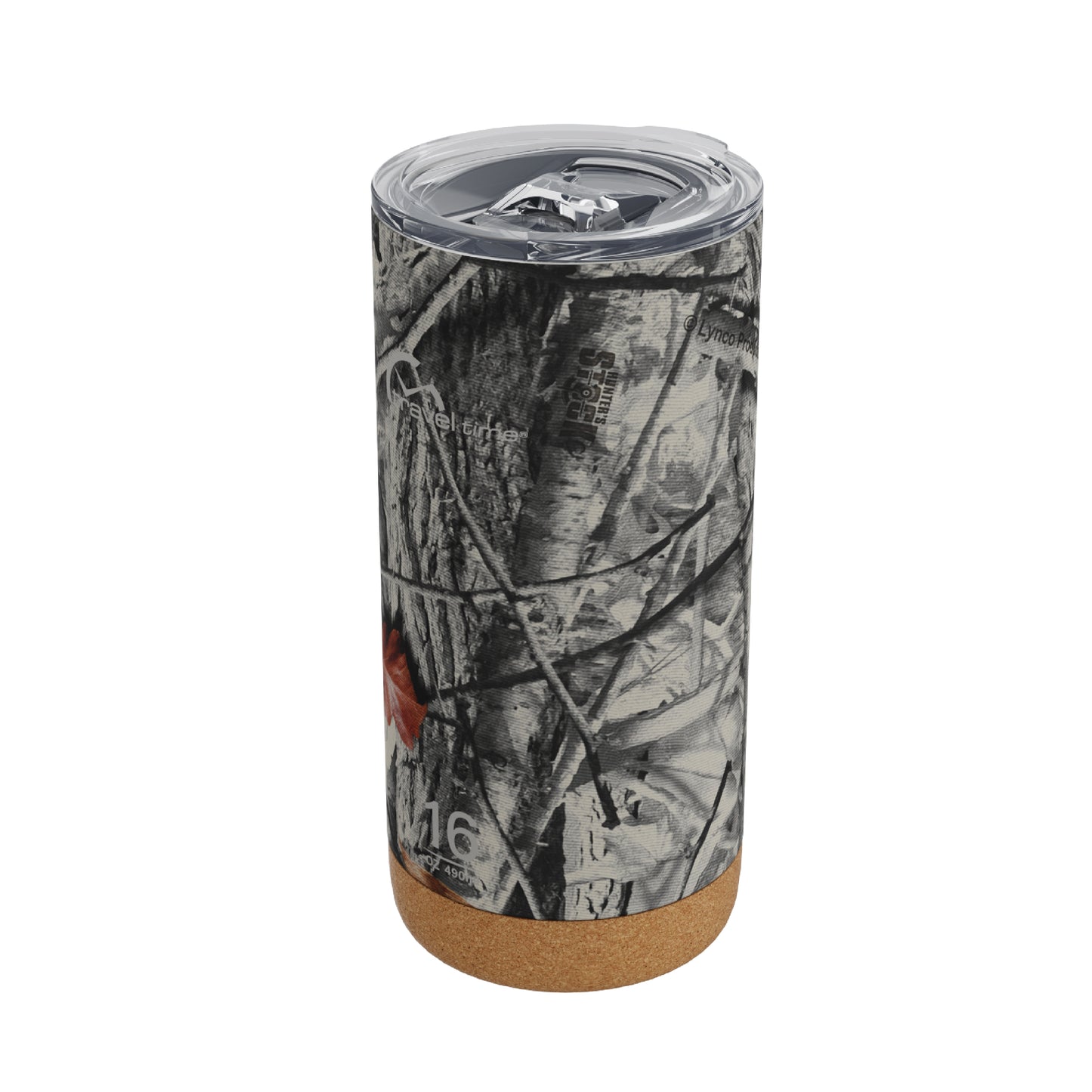 Close-up of the closed lid opening of the 16oz Stainless Steel Travel Tumbler with Cork Bottom in Hunter's Stock Arctic® Camo displayed against a white background.