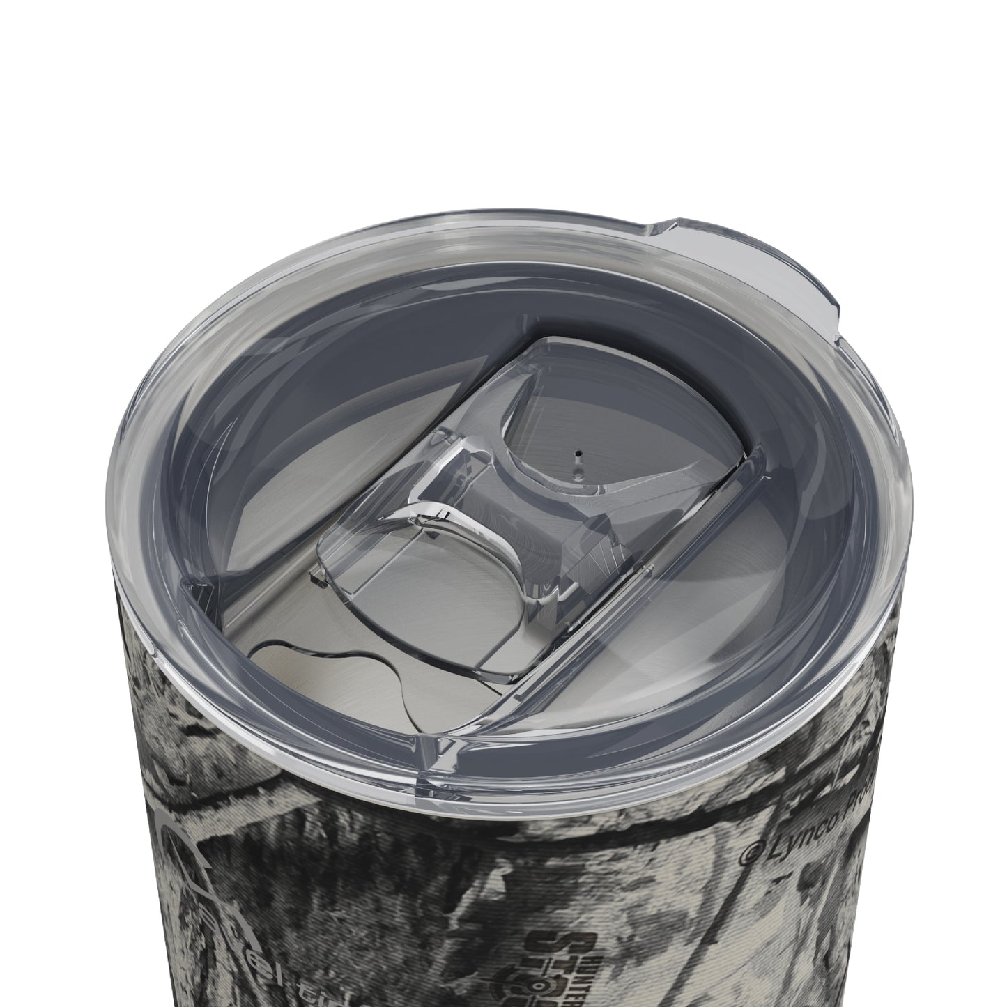 Close-up of the opened lid opening of the 16oz Stainless Steel Travel Tumbler with Cork Bottom in Hunter's Stock Arctic® Camo displayed against a white background.