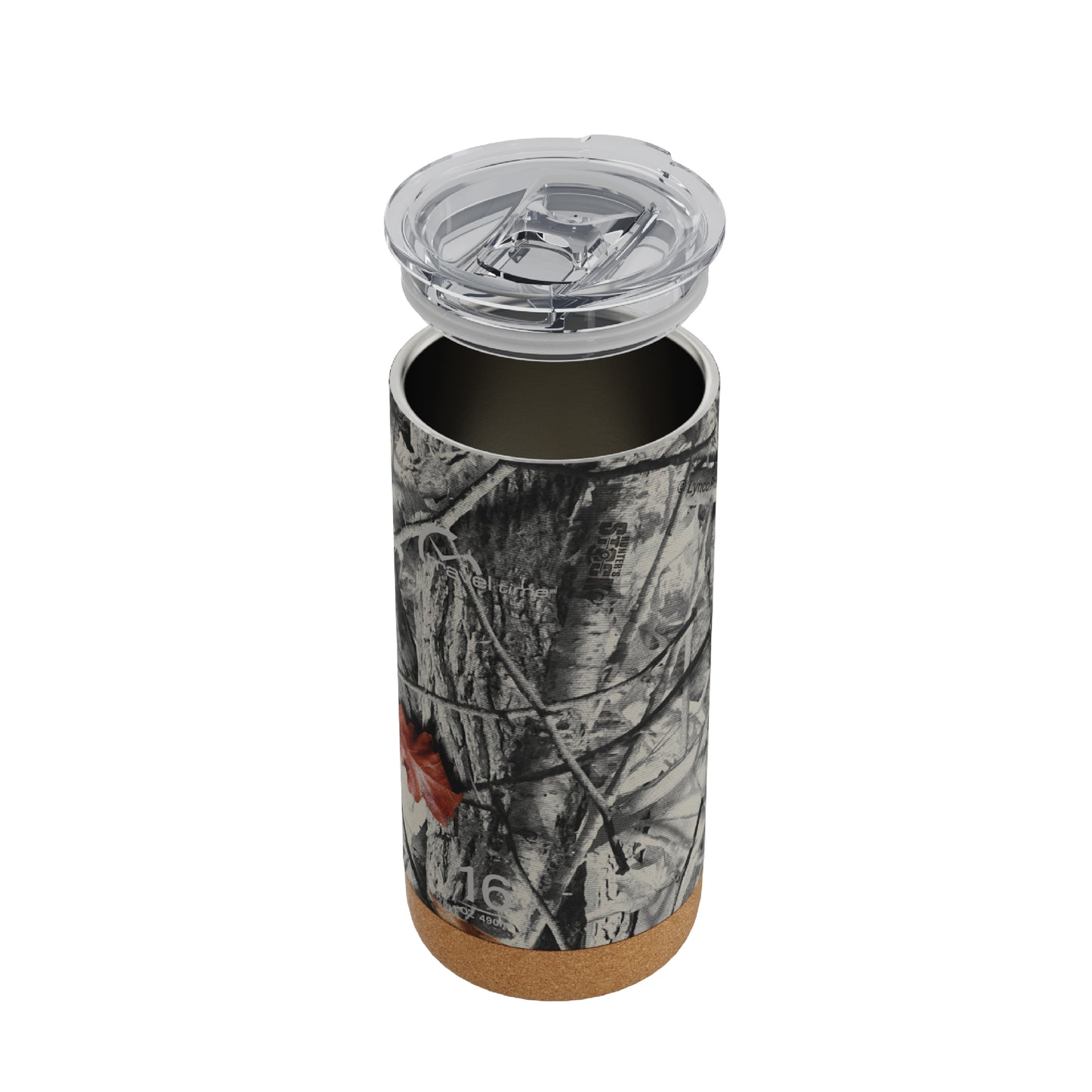 Side view of the 16oz Stainless Steel Travel Tumbler with Cork Bottom in Hunter's Stock Arctic® Camo displayed at an angle and against a white background. The water bottle's lid has been lifted off.