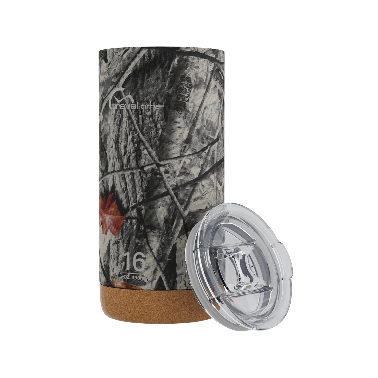 Side view of the 16oz Stainless Steel Travel Tumbler with Cork Bottom in Hunter's Stock Arctic® Camo displayed at an angle and against a white background. The tumbler's lid is resting against the tumbler's side at an angle.