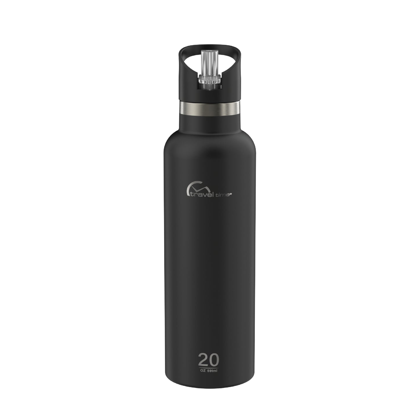 The 20oz Stainless Steel Water Bottle with Flip Straw in black displayed against a white background.