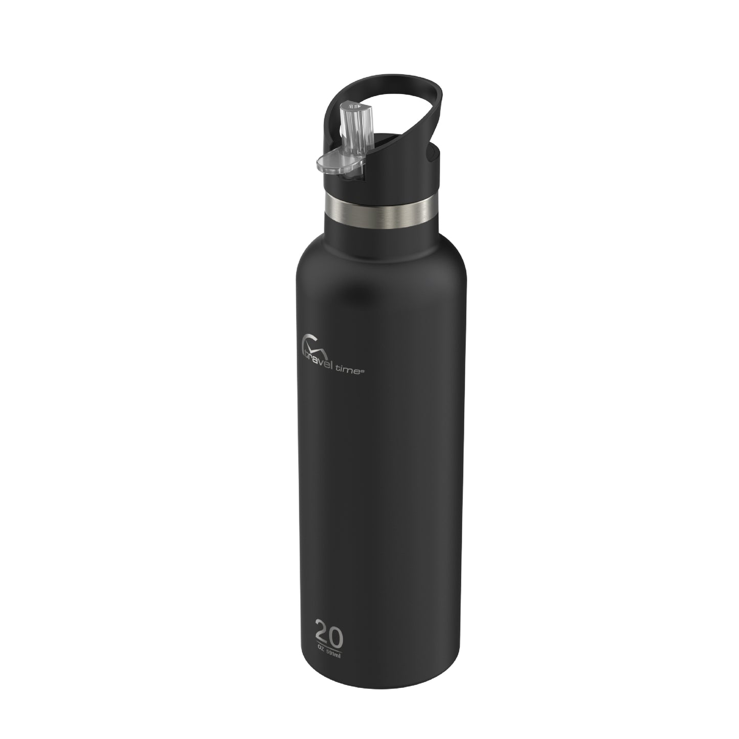 Side view of the 20oz Stainless Steel Water Bottle with Flip Straw in black displayed at an angle and against a white background.