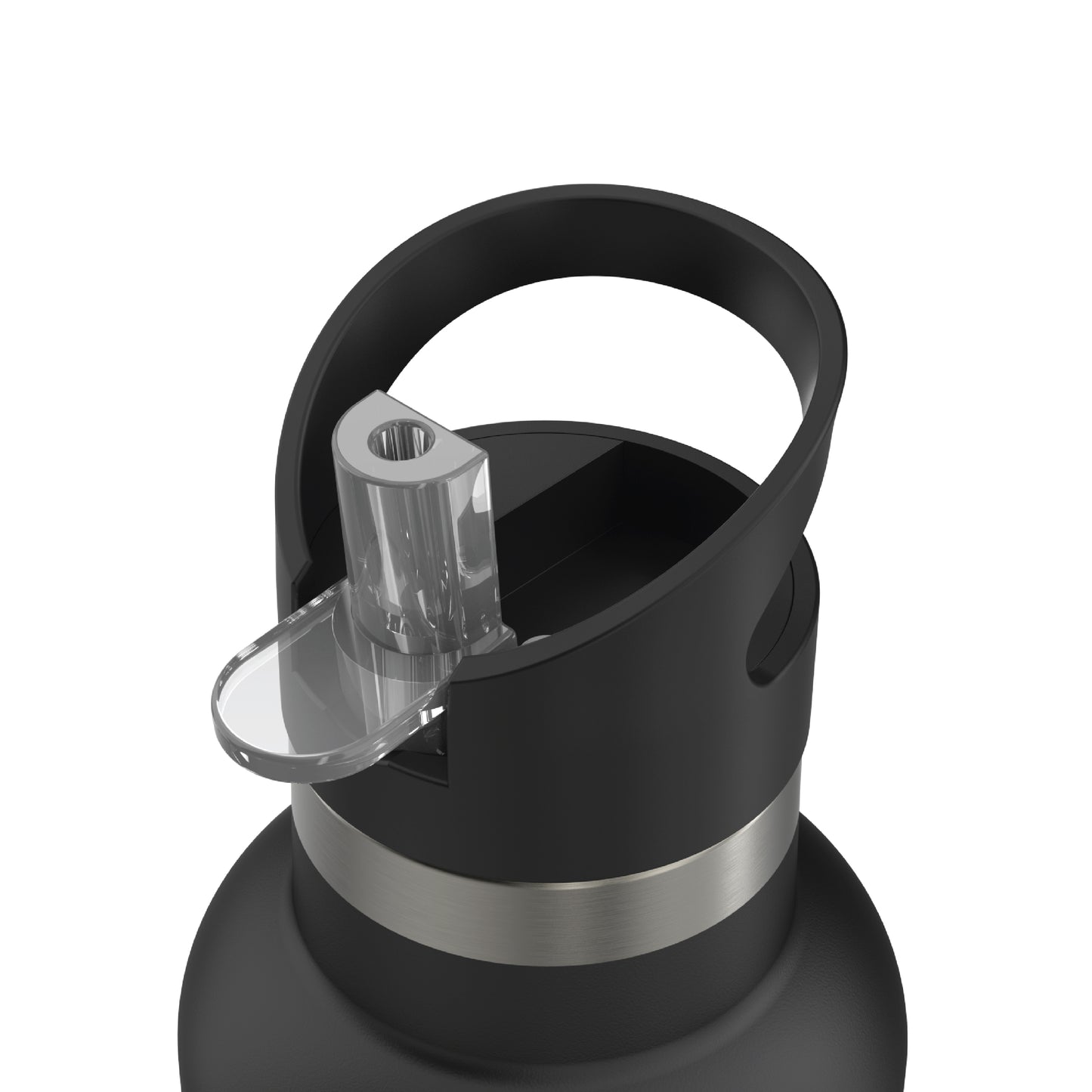 Close-up of the opened straw of the 20oz Stainless Steel Water Bottle with Flip Straw in black displayed against a white background.