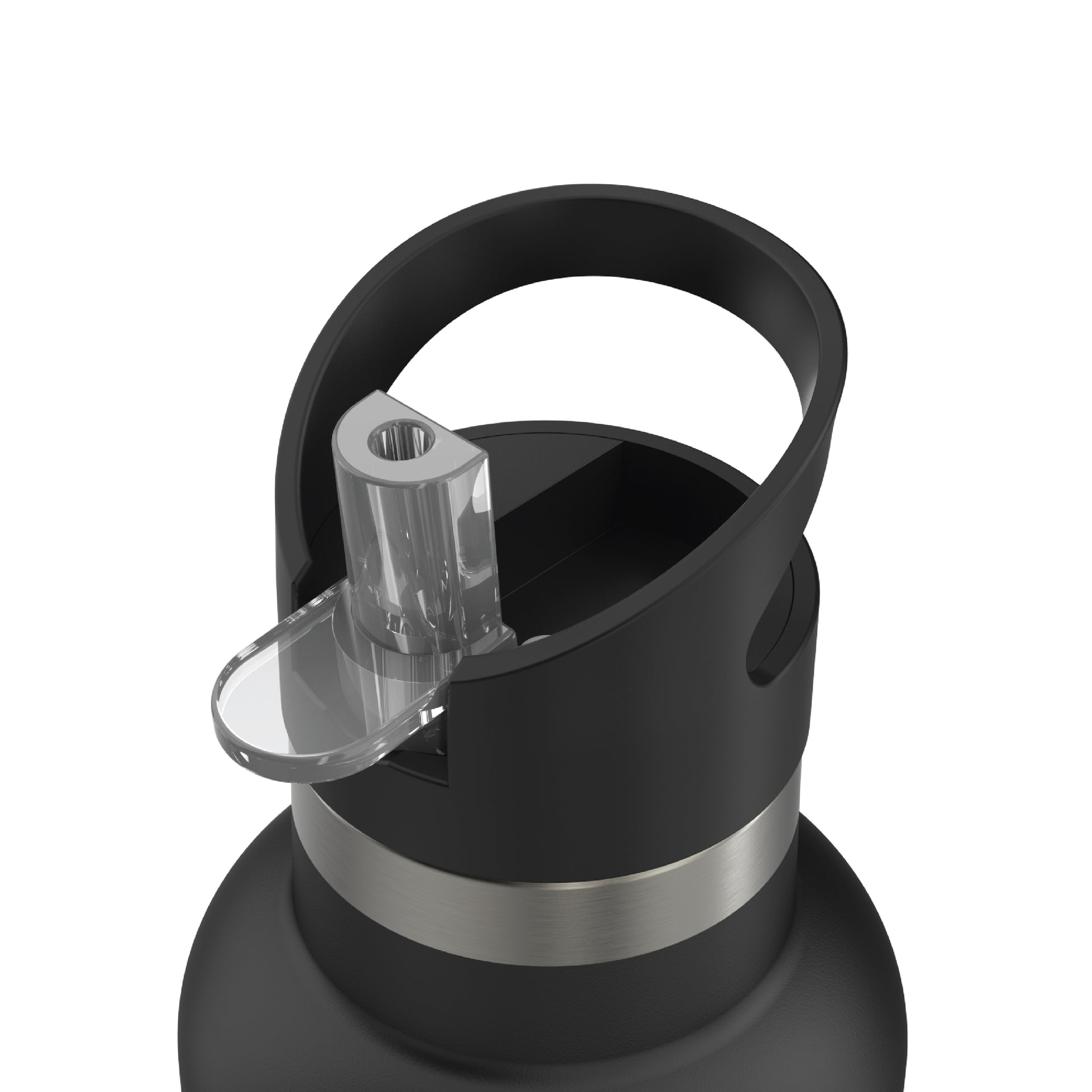 Close-up of the opened straw of the 20oz Stainless Steel Water Bottle with Flip Straw in black displayed against a white background.