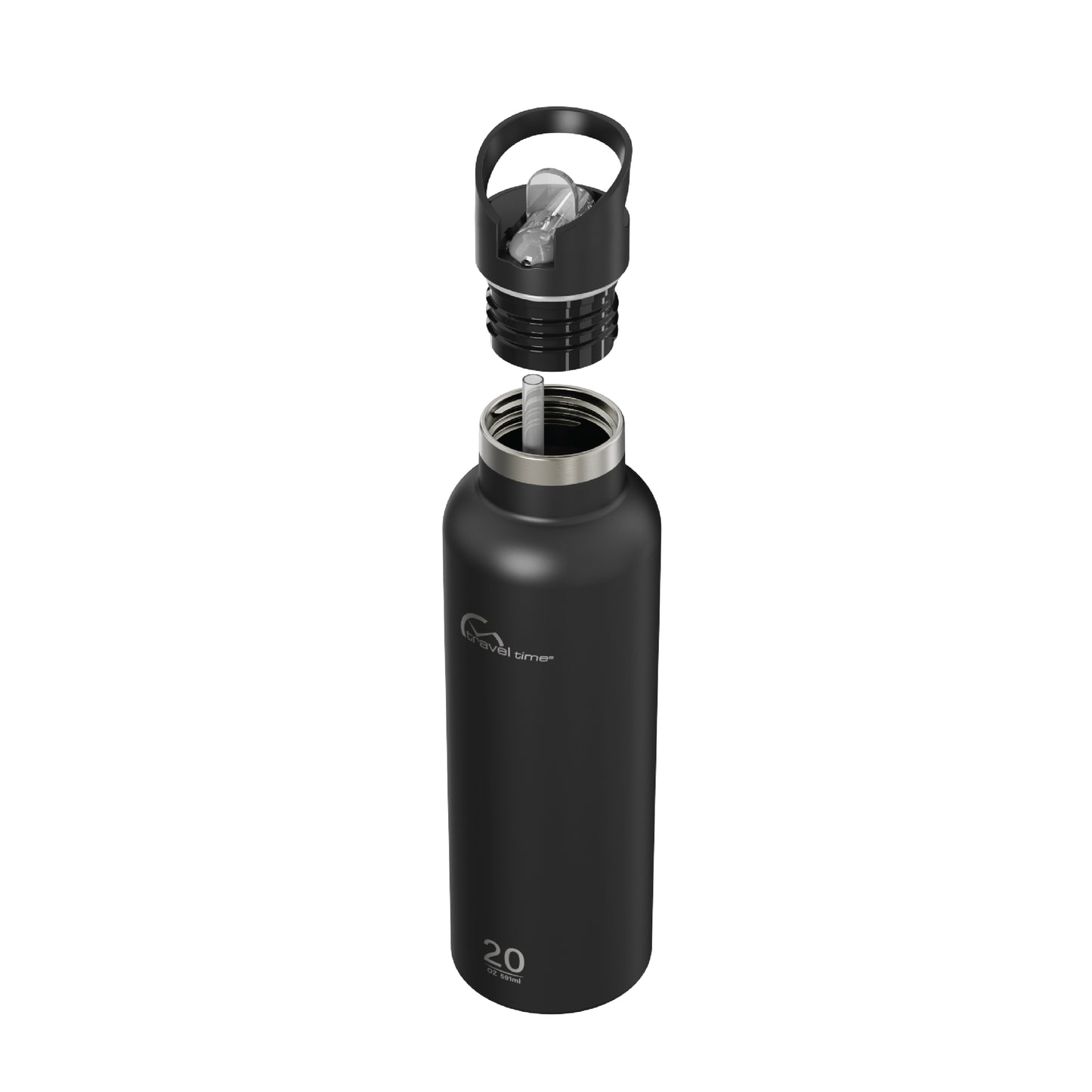 Side view of the 20oz Stainless Steel Water Bottle with Flip Straw in black displayed at an angle and against a white background. The water bottle's lid has been opened.