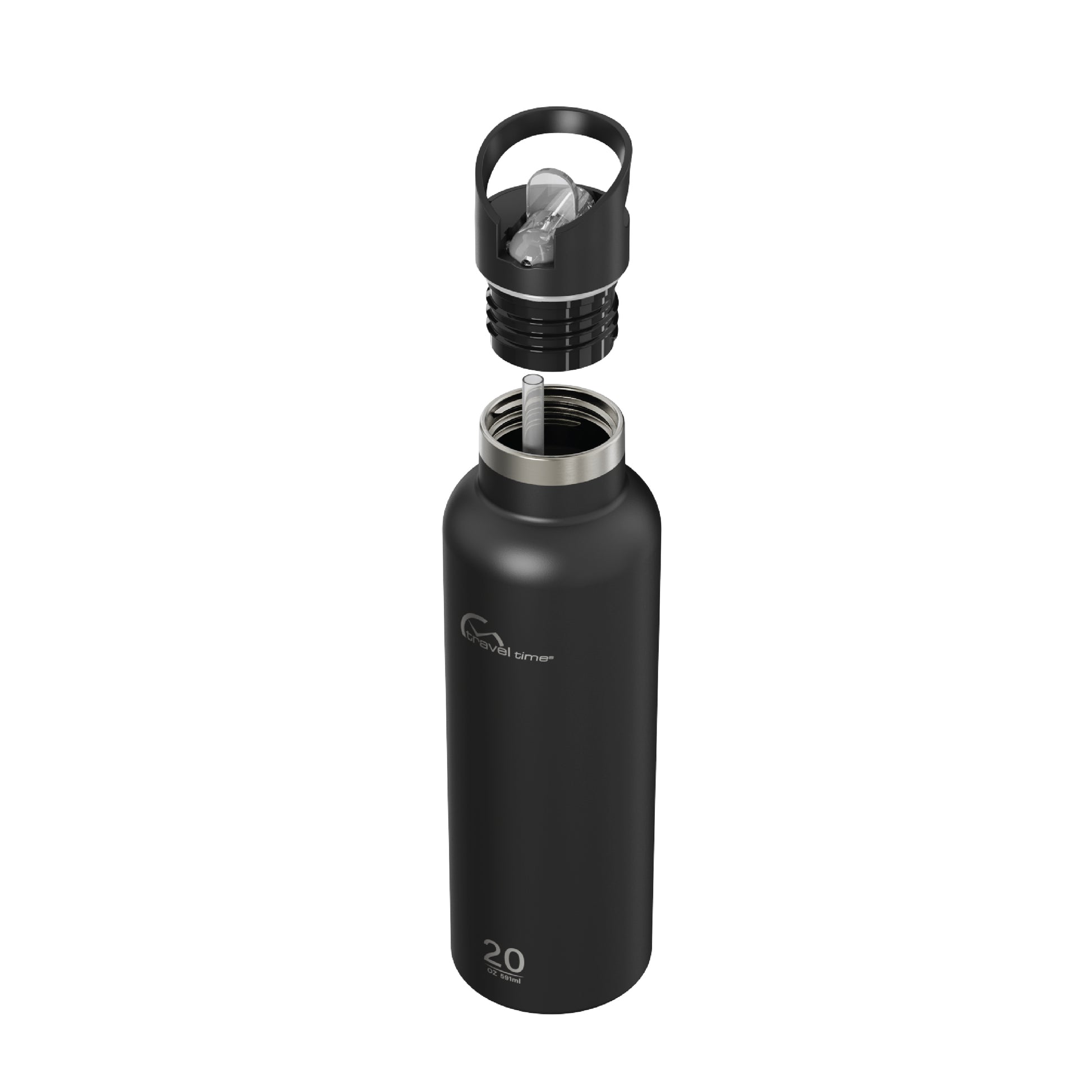 Side view of the 20oz Stainless Steel Water Bottle with Flip Straw in black displayed at an angle and against a white background. The water bottle's lid has been opened.