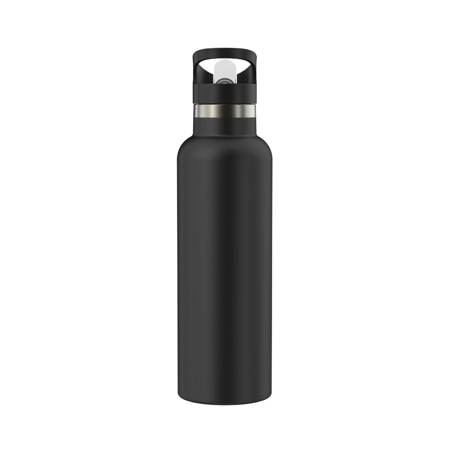 View of the backside of the 20oz Stainless Steel Water Bottle with Flip Straw in black displayed against a white background.