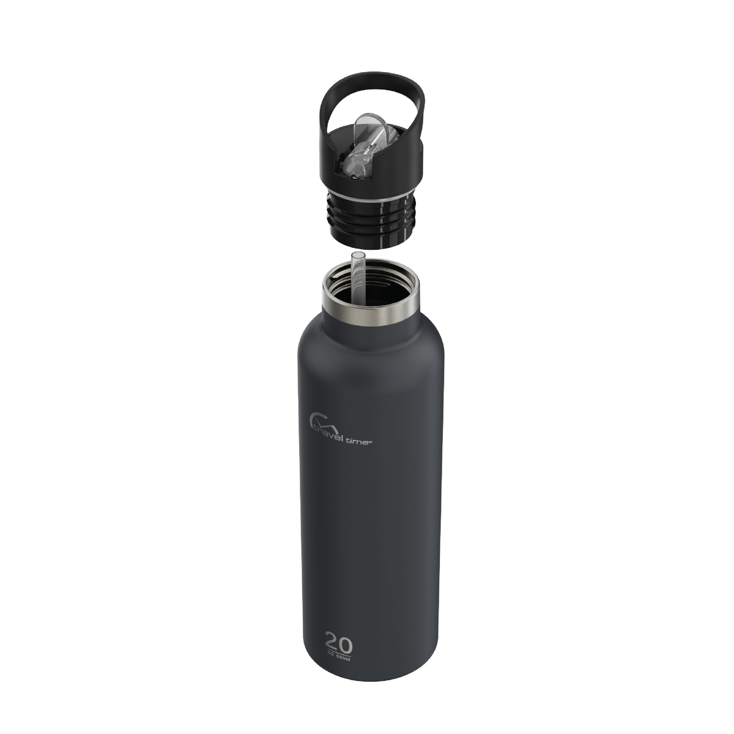 Side view of the 20oz Stainless Steel Water Bottle with Flip Straw in navy displayed at an angle and against a white background. The water bottle's lid has been opened.