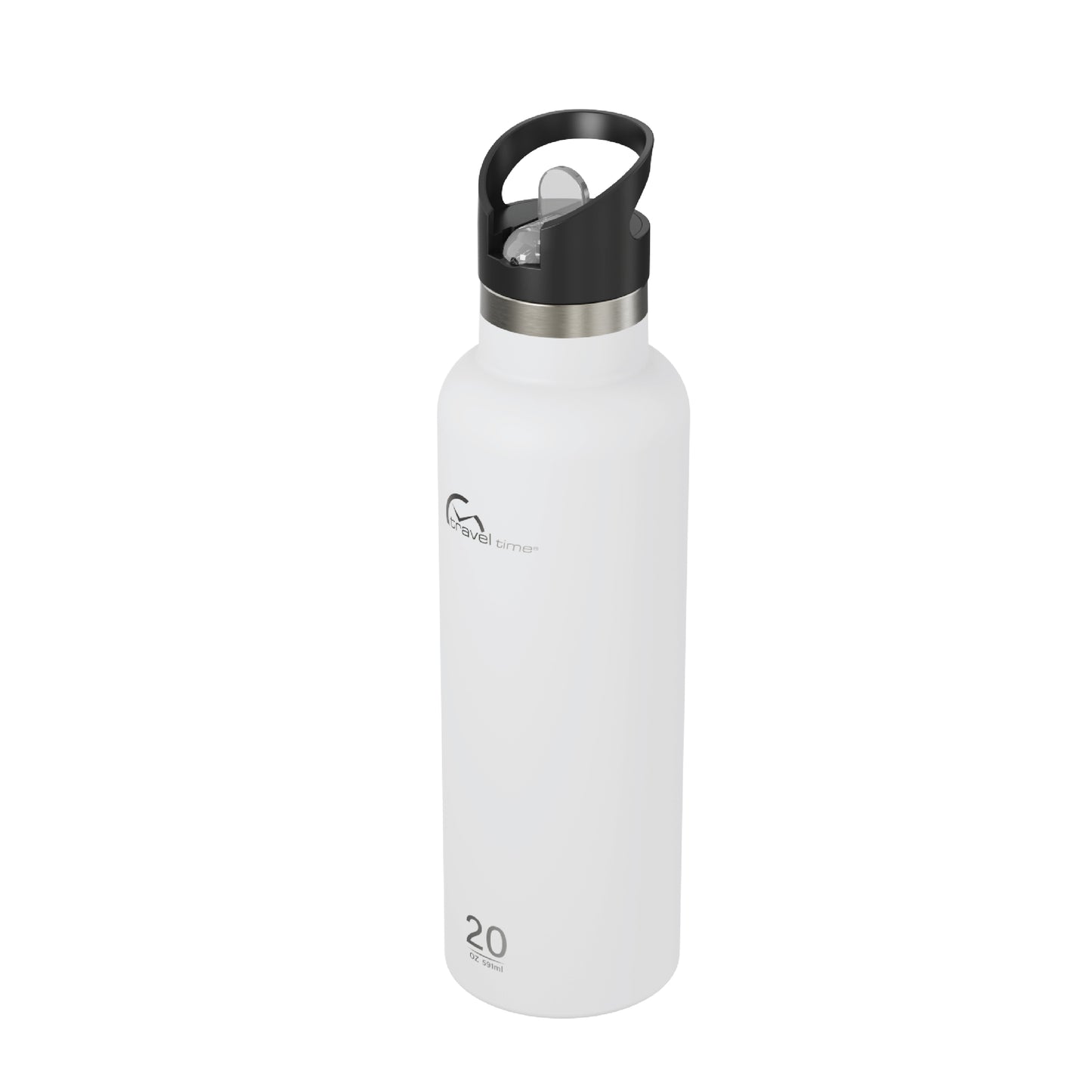 Side view of the 20oz Stainless Steel Water Bottle with Flip Straw in white displayed at an angle and against a white background.