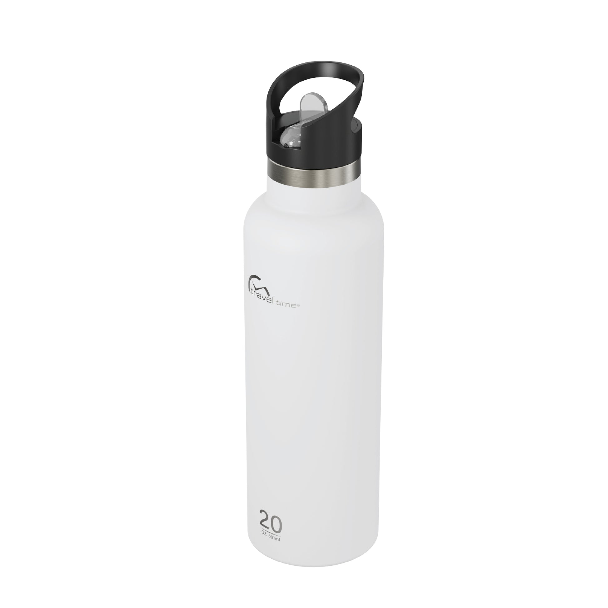 Side view of the 20oz Stainless Steel Water Bottle with Flip Straw in white displayed at an angle and against a white background.