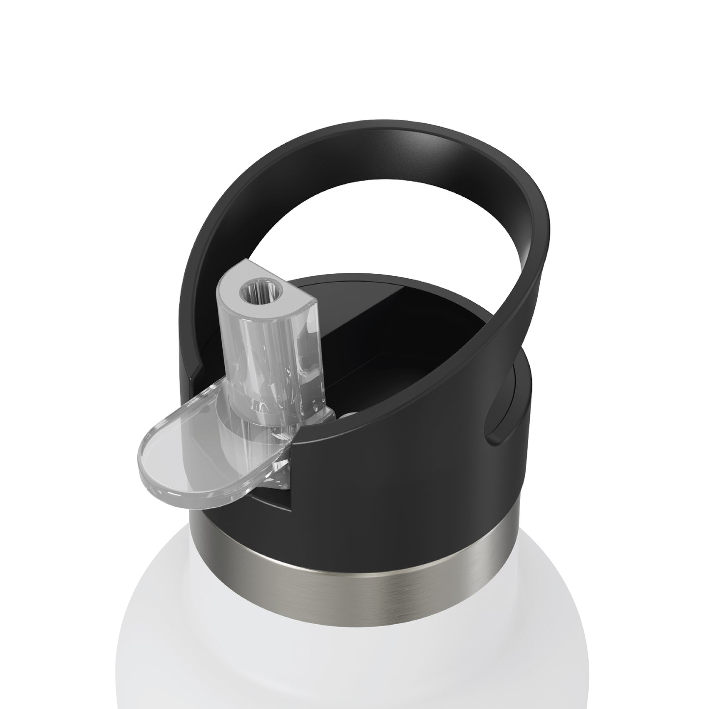 Close-up of the opened straw of the 20oz Stainless Steel Water Bottle with Flip Straw in white displayed against a white background.