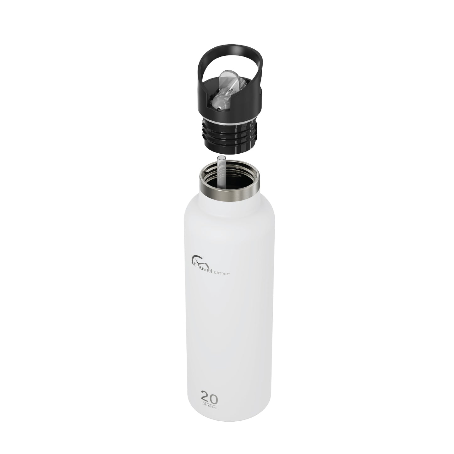 Side view of the 20oz Stainless Steel Water Bottle with Flip Straw in white displayed at an angle and against a white background. The water bottle's lid has been opened.