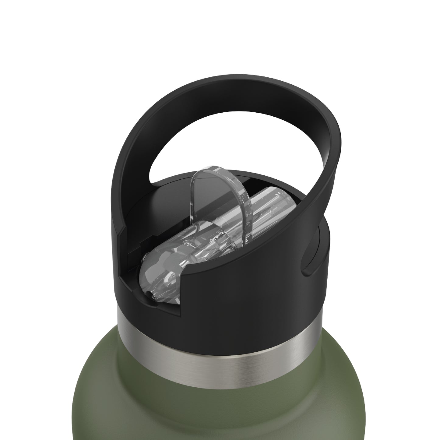 Close-up of the closed straw of the 20oz Stainless Steel Water Bottle with Flip Straw in forest green displayed against a white background.