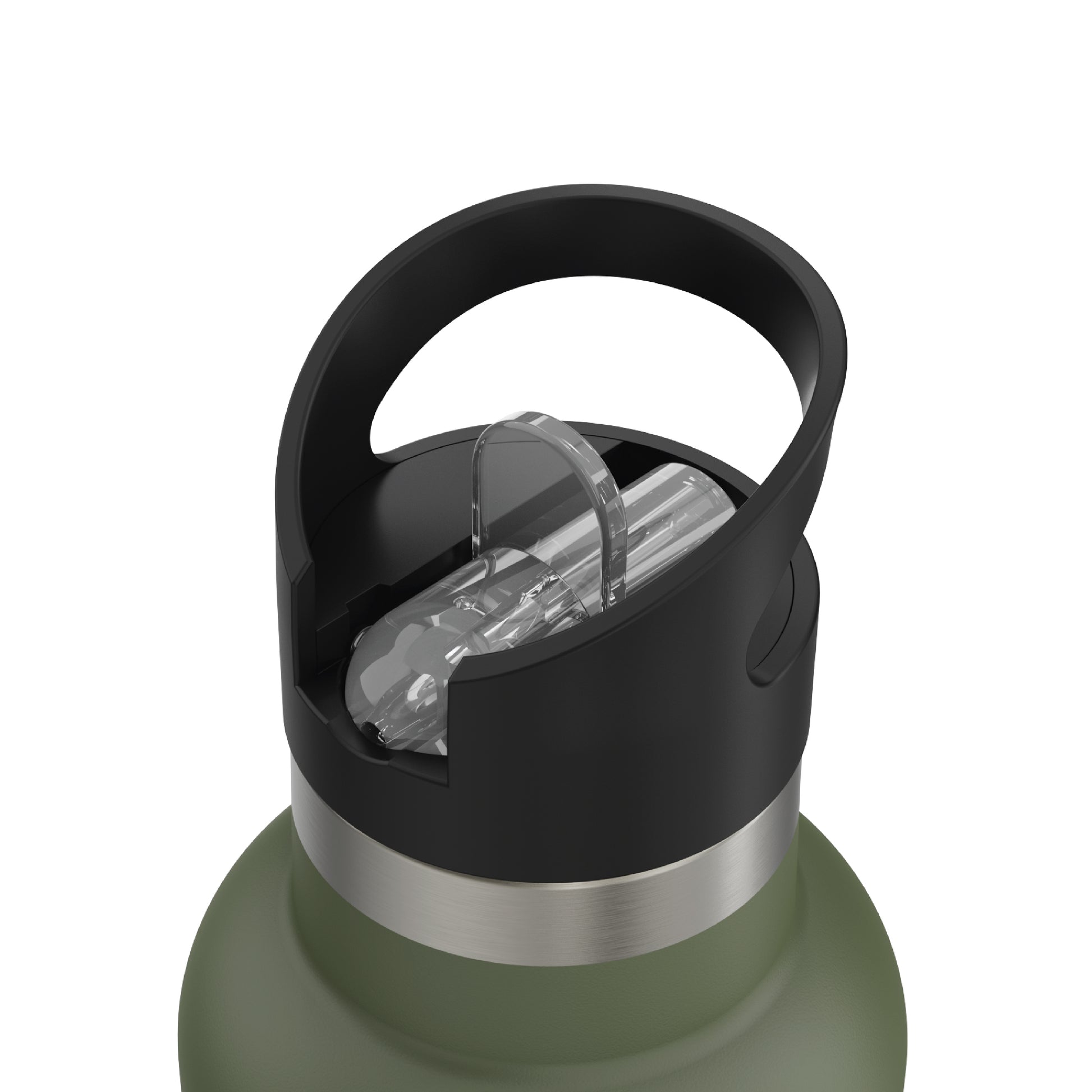 Close-up of the closed straw of the 20oz Stainless Steel Water Bottle with Flip Straw in forest green displayed against a white background.