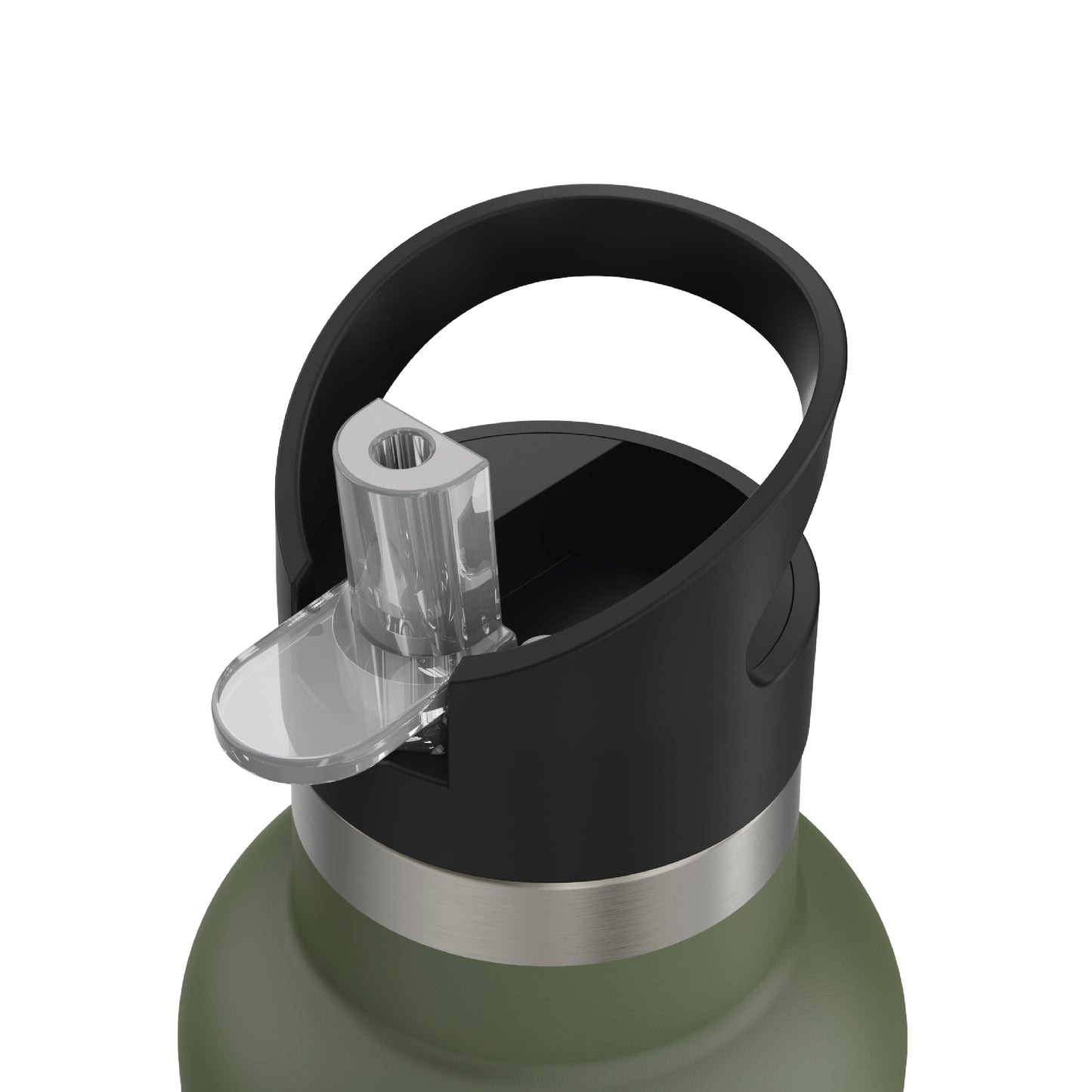 Close-up of the opened straw of the 20oz Stainless Steel Water Bottle with Flip Straw in forest green displayed against a white background.